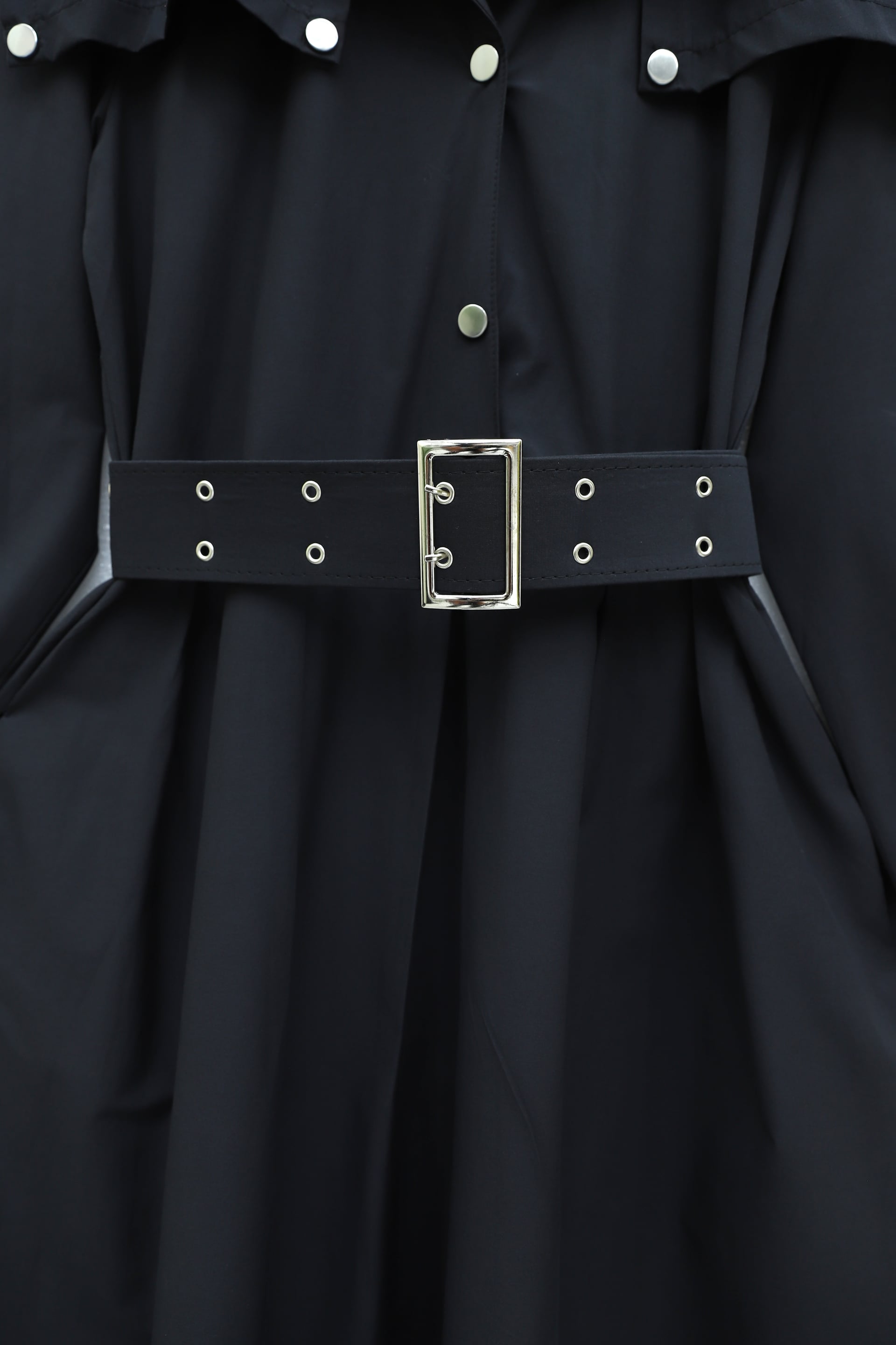 Half-Button Collared Side-Pocket Belted Cotton Satin Dress - Black - Podyumplus - by Peralane - photo 6