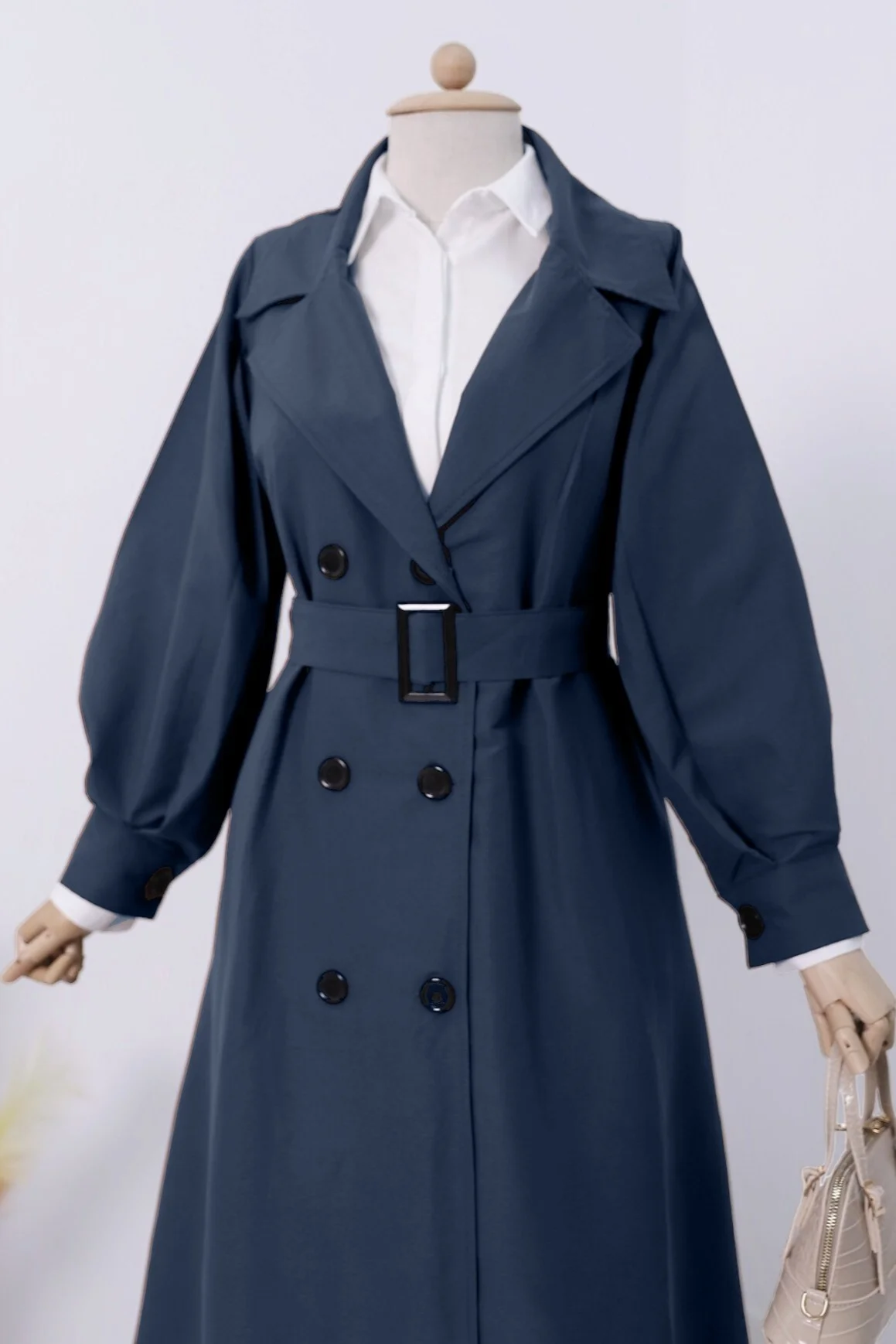 Oversize Belted Trench Coat with Balloon Sleeves - Navy - Podyumplus - by Peralane - photo 7