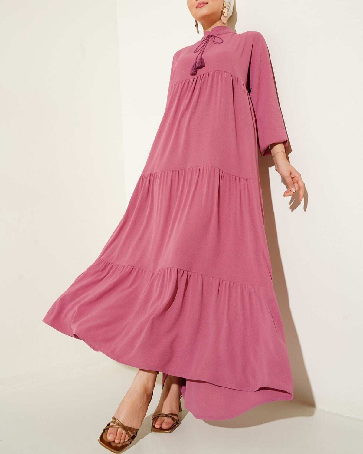 Dusty Rose Tie Neck Tiered Dress - Bigdart - by Peralane - photo 2