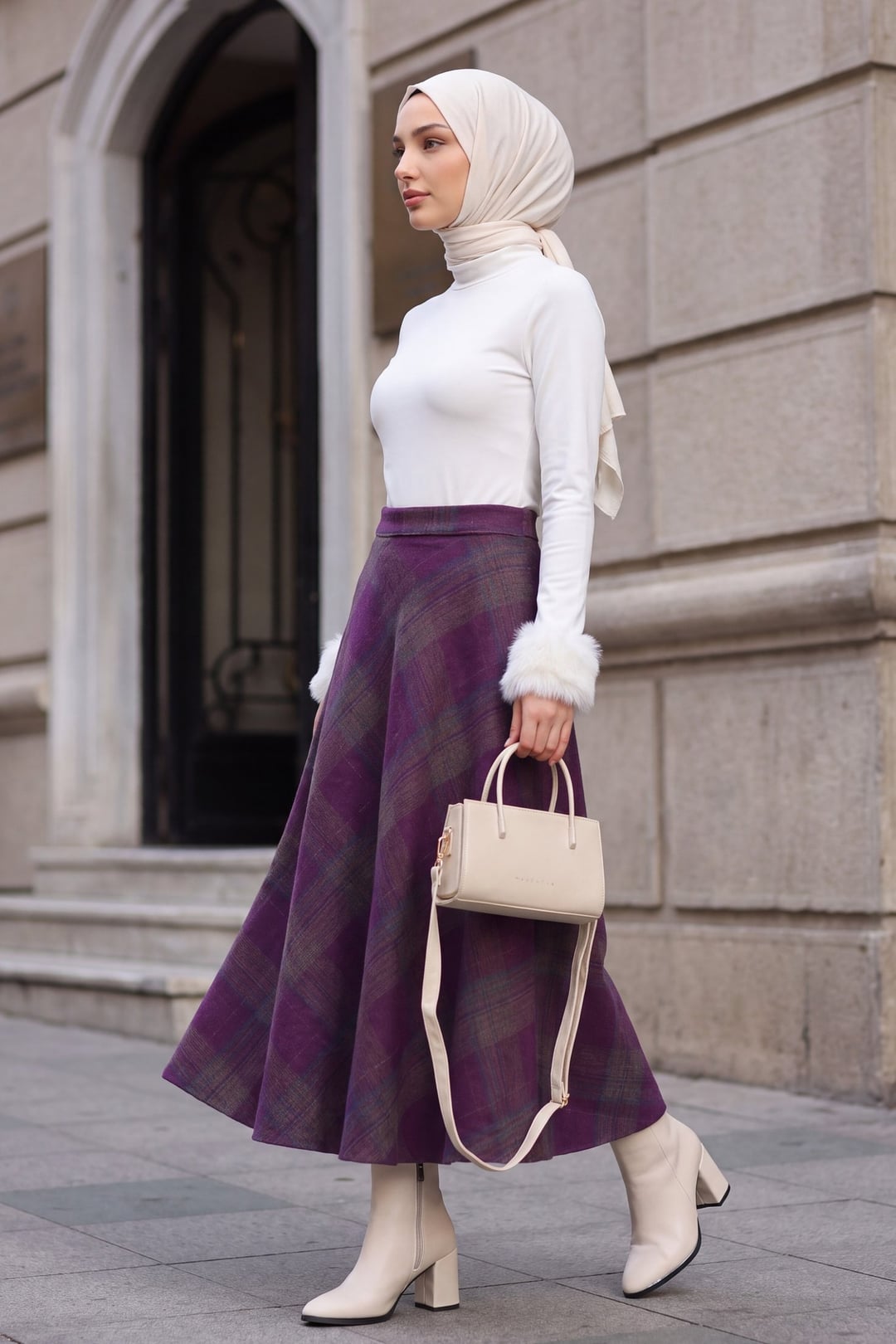 Plaid Patterned Side Zipper Flared Winter Skirt - Dark Plum - Podyumplus - by Peralane - photo 6