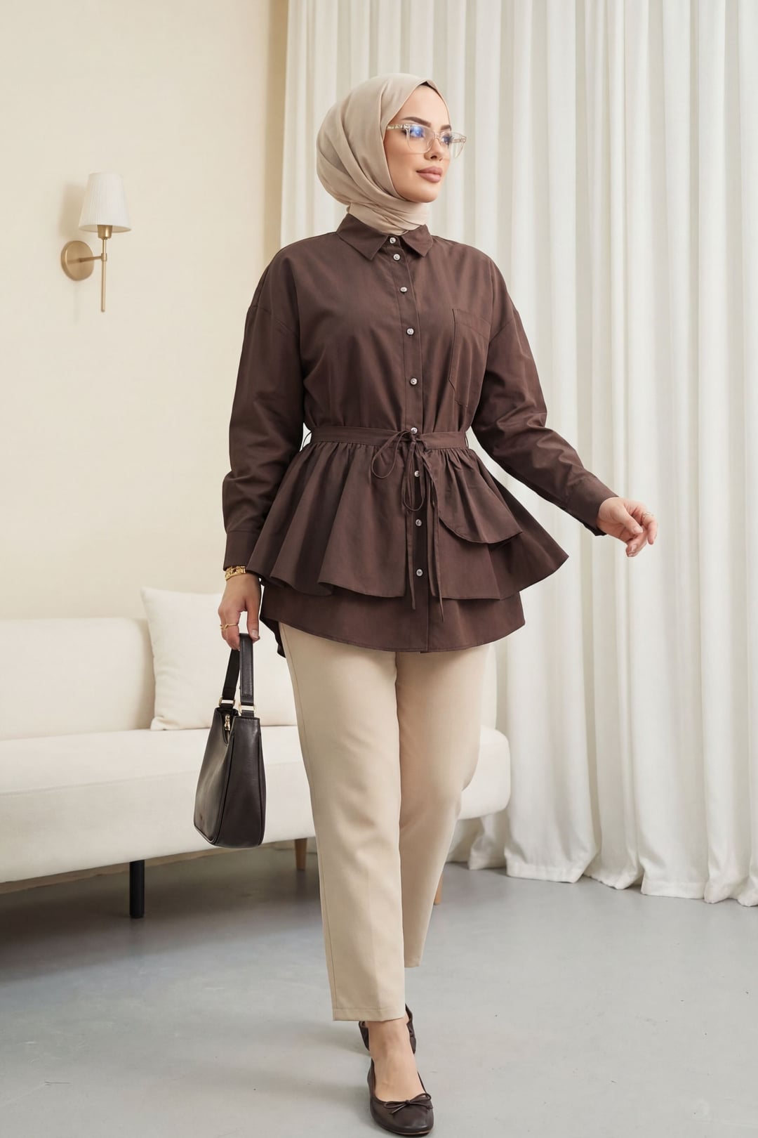 Women's Poplin Tunic with Cape Detail and Button Front - Dark Brown - Podyumplus - by Peralane - photo 2