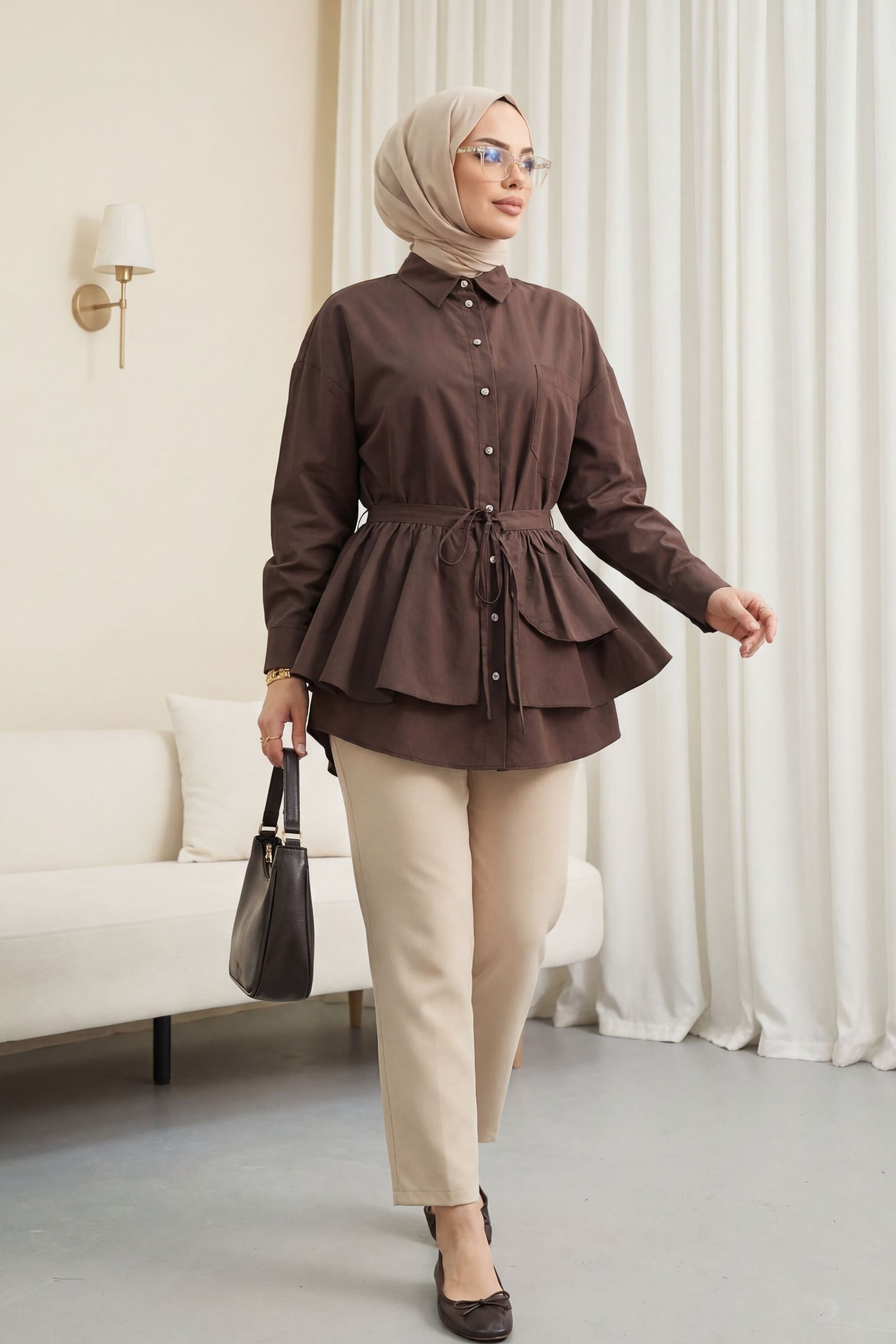 Women's Poplin Tunic with Cape Detail and Button Front - Dark Brown - Podyumplus - by Peralane - photo 2