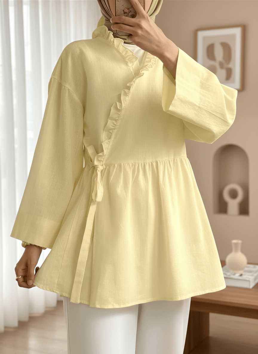 Ruffled Neck Side-Tie Keten Kimono in Light Yellow - Podyumplus - by Peralane - photo 2