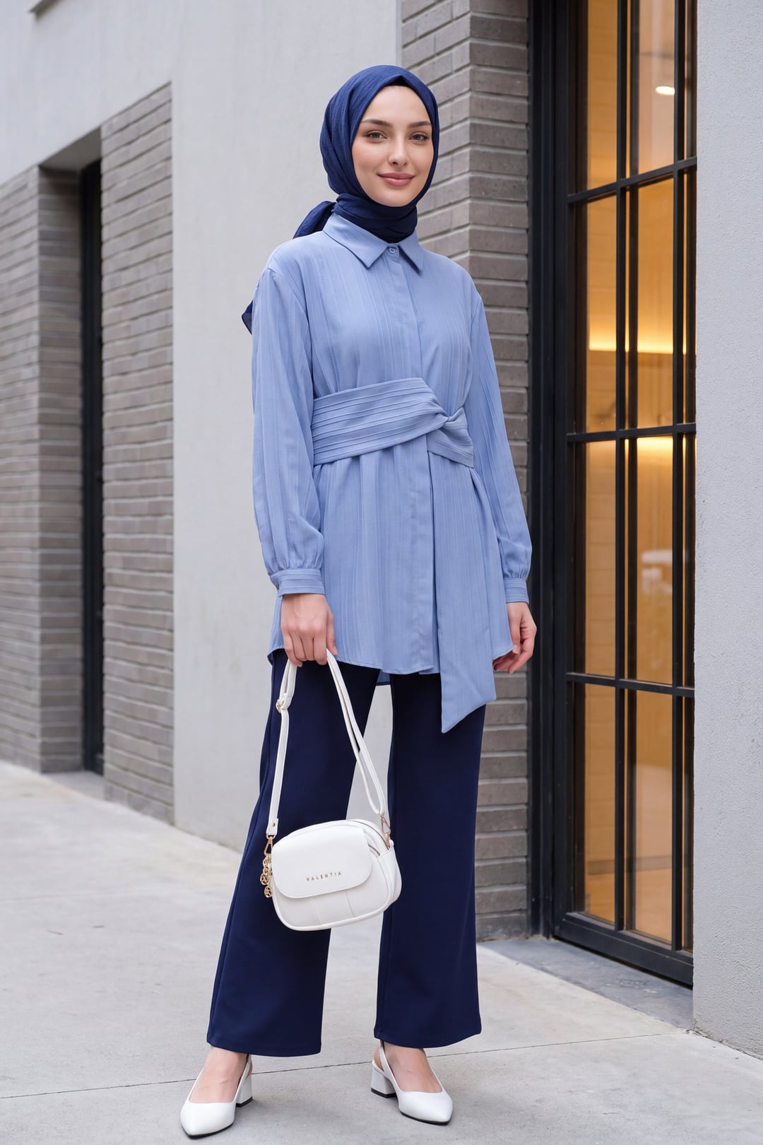Tie-Waist Ribbed Crinkle Blouse - Ice Blue - Podyumplus - by Peralane - photo 2