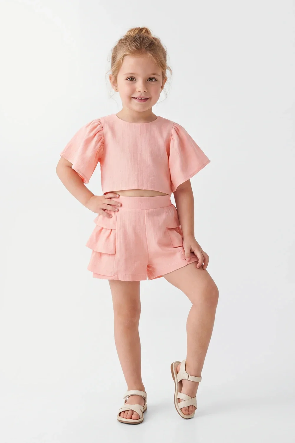 Girl's Two-Piece Crop Top and Shorts Set in Peach - Serkon Baby - by Peralane