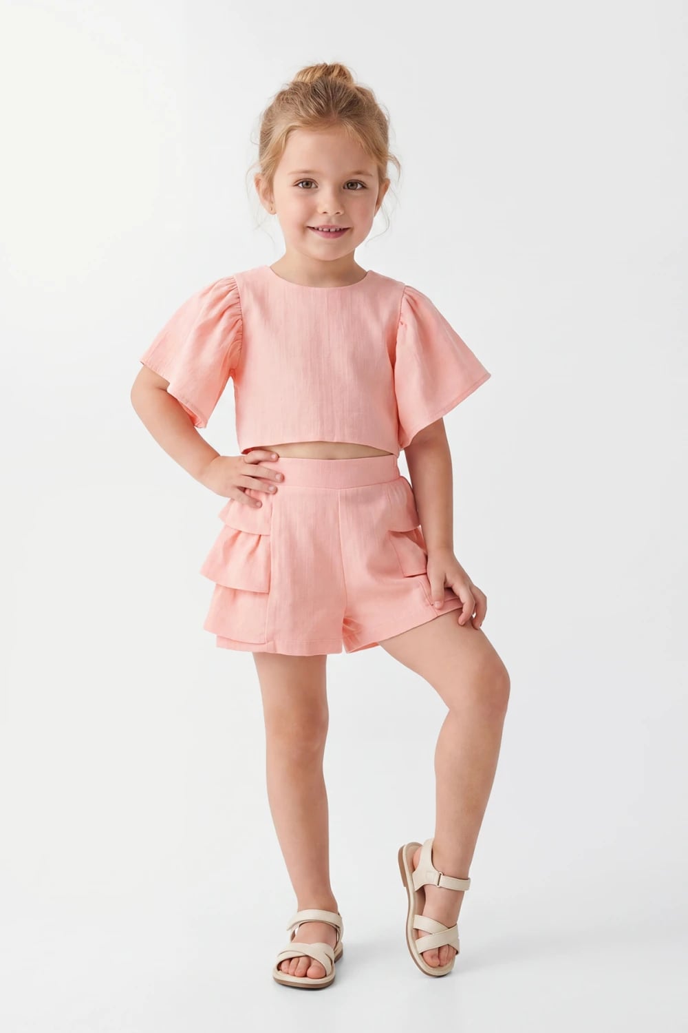 Girl's Two-Piece Crop Top and Shorts Set in Peach - Serkon Baby - by Peralane