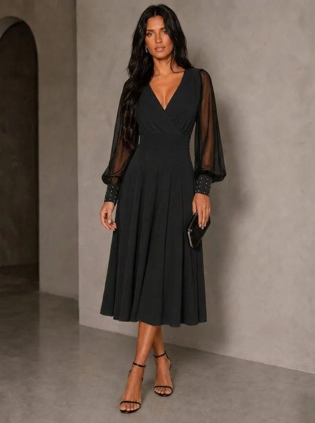Women's Long-Sleeved Wrap V-Neck Midi Dress with Sheer Pearl Cuffs - Janes - by Peralane - photo 2