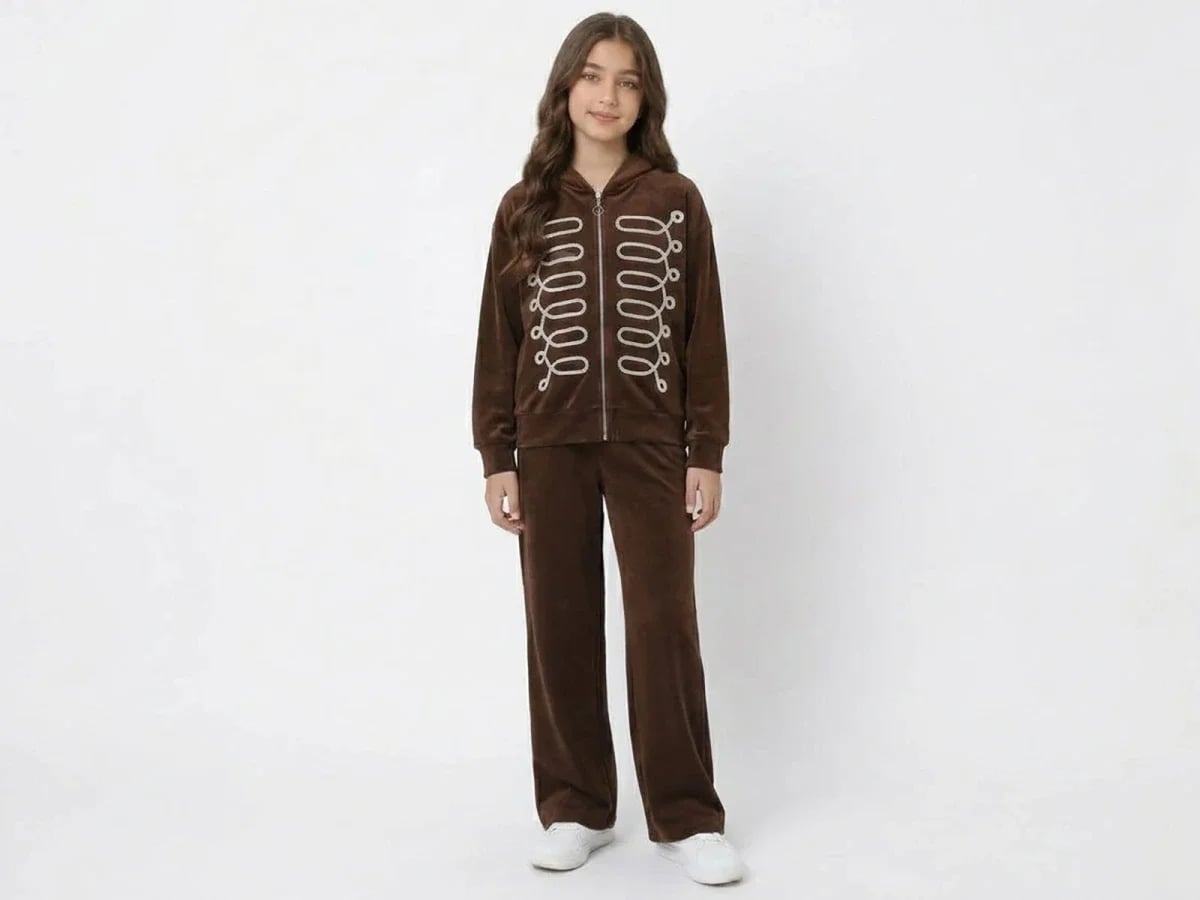 Girls' Hooded Tracksuit Set with White Braid Detail - Brown - Mensis - by Peralane