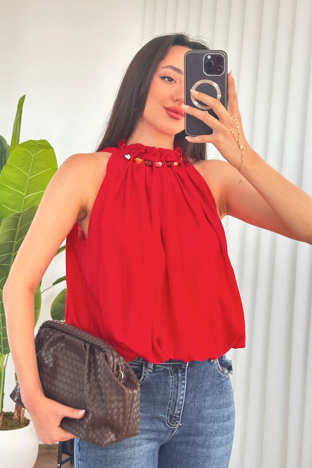 Beaded Halter Neck Red Blouse for Women - Lustri̇n - by Peralane