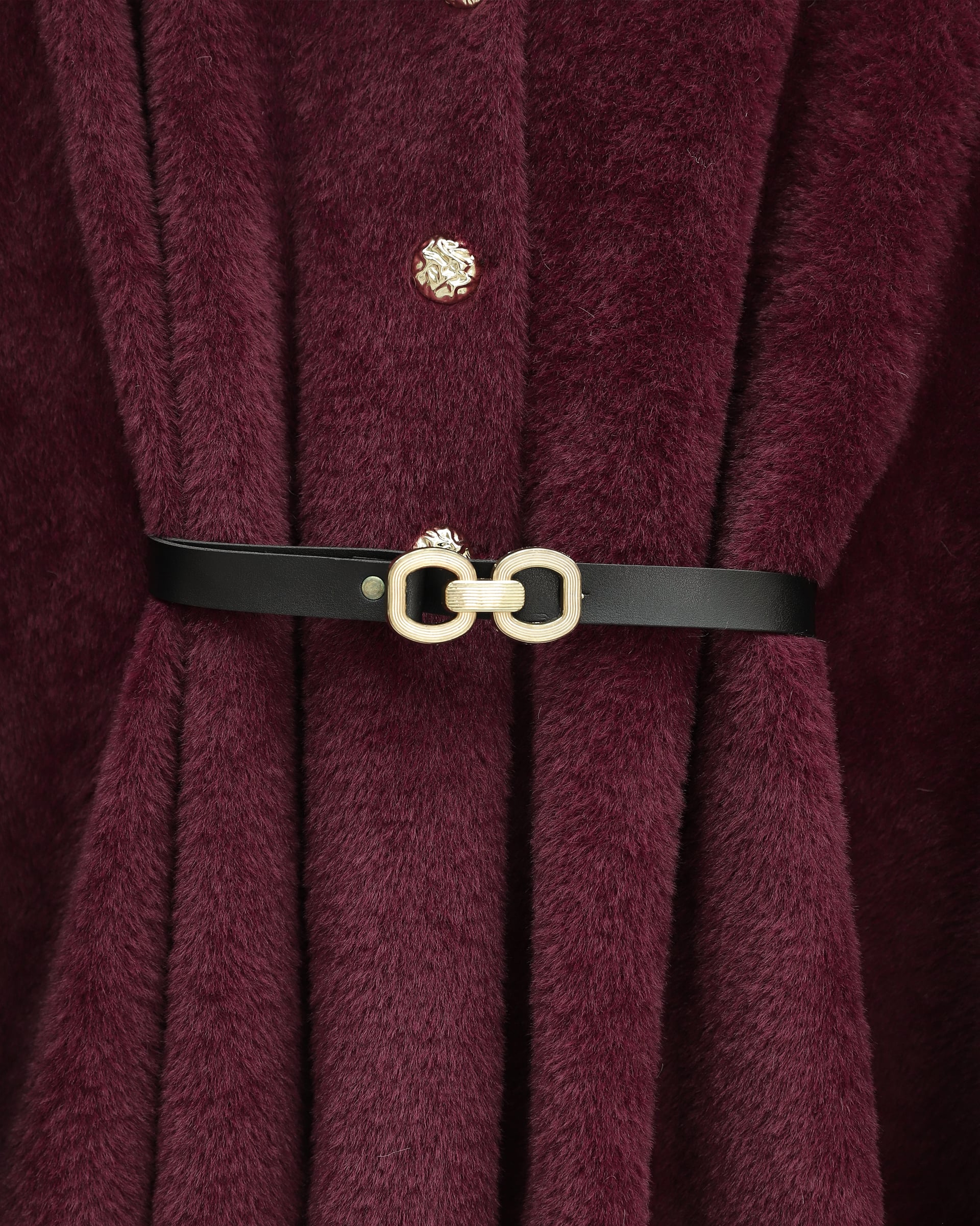 Gold Button Detail Belted Alcantara Poncho - Burgundy - Podyumplus - by Peralane - photo 4