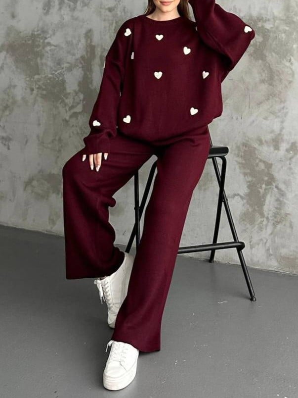 Heart Print Knit Lounge Set - Burgundy - Modabessa - by Peralane - photo 2