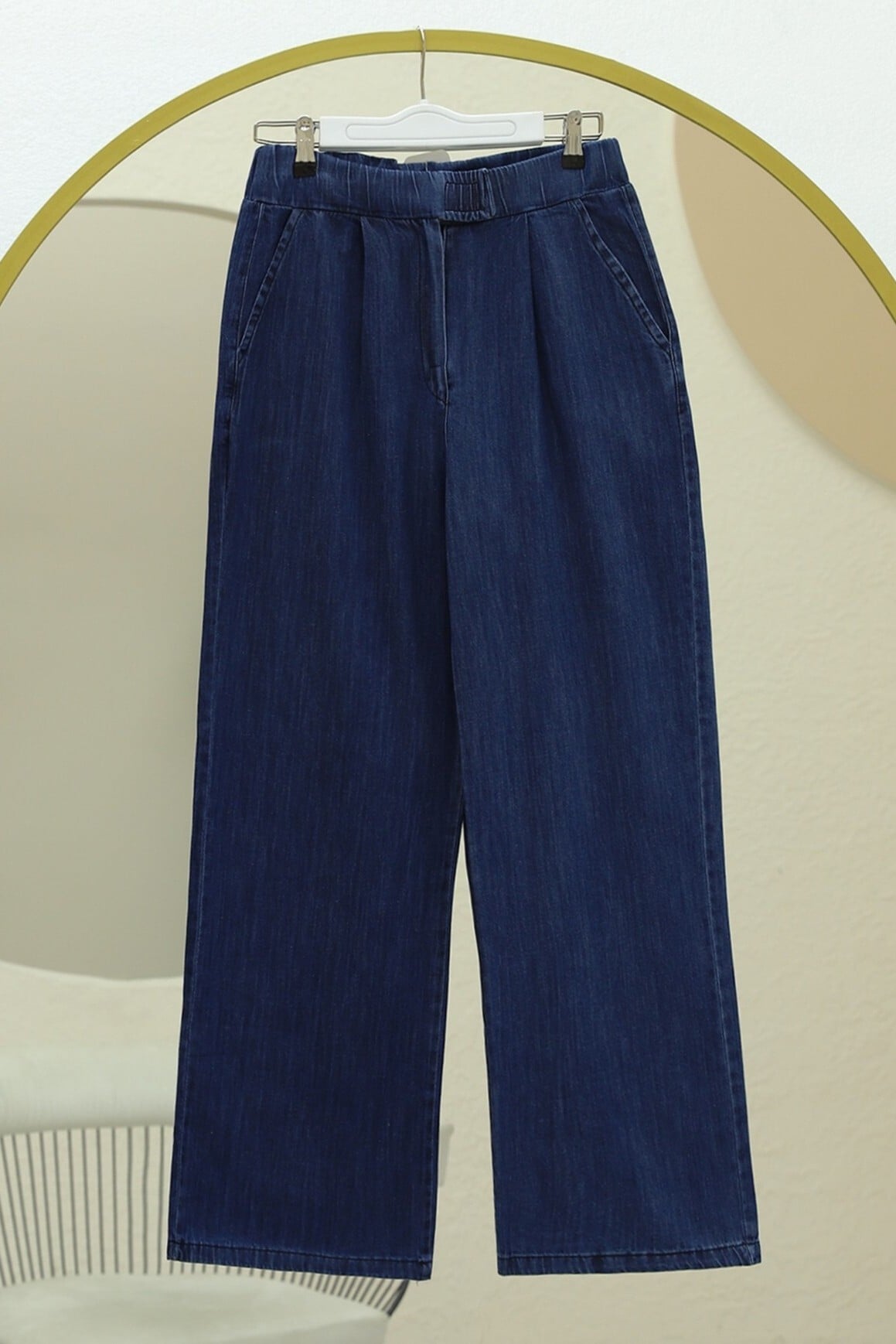 Double Pocket Elasticated Waist Pleated Wide Leg Denim Trousers - Indigo - Podyumplus - by Peralane - photo 6
