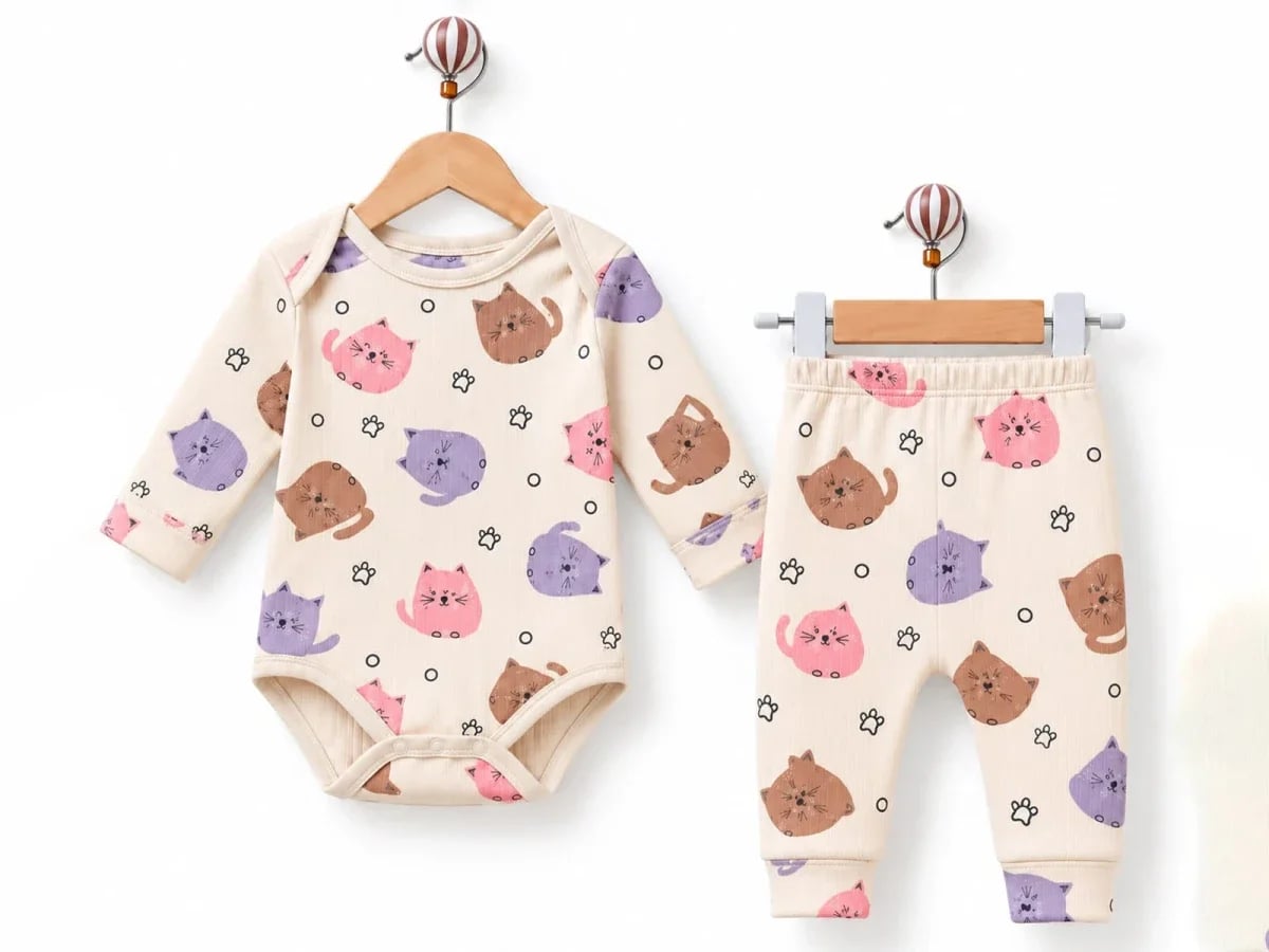 Cat Print Baby Bodysuit and Trousers Set - Pink - Supermini - by Peralane
