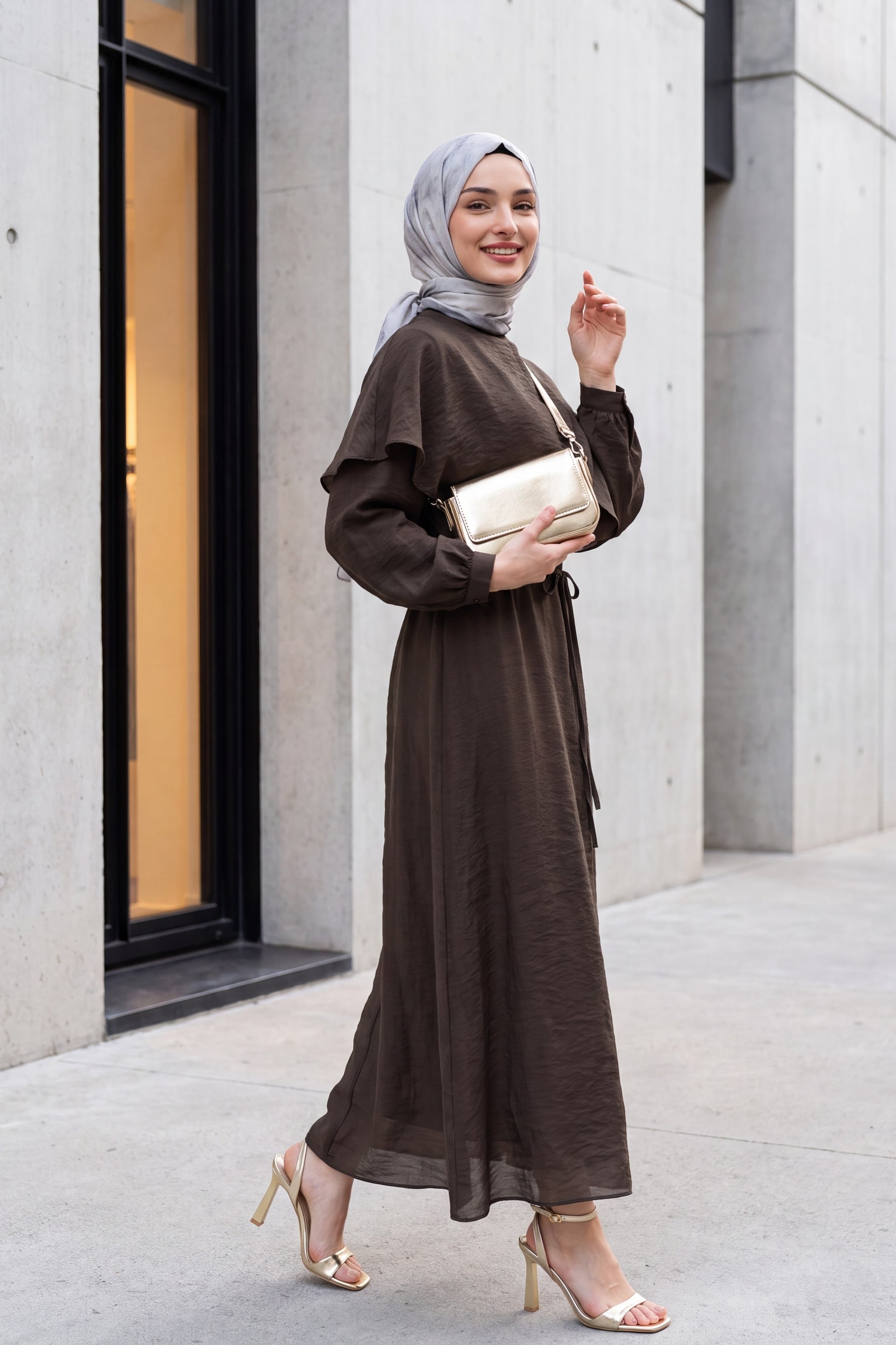 Cape Collar Lined Belted Tulle Modal Dress - Brown - Podyumplus - by Peralane - photo 4
