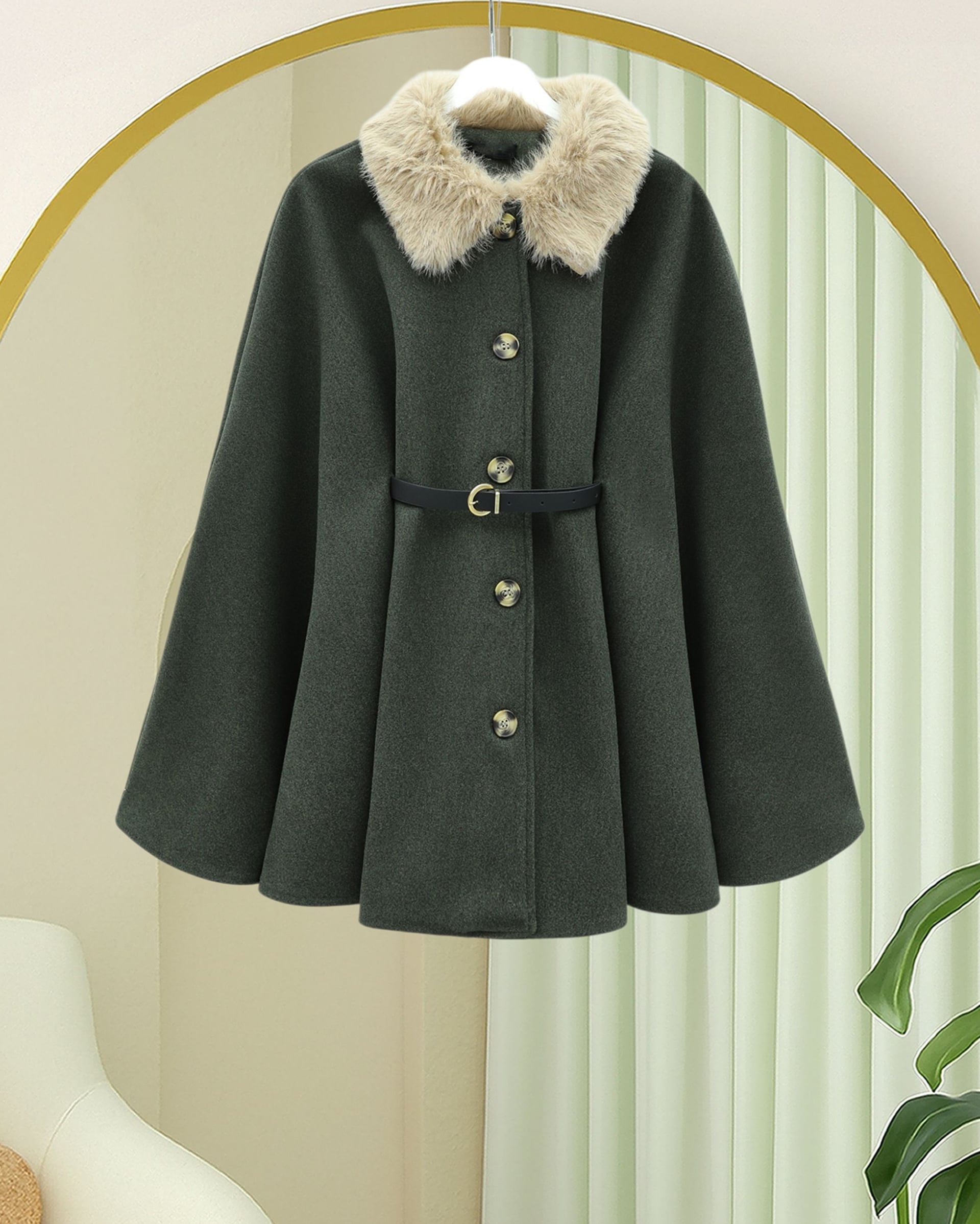 Collar Faux Fur Belted Buttoned Wool Cape - Khaki - Podyumplus - by Peralane