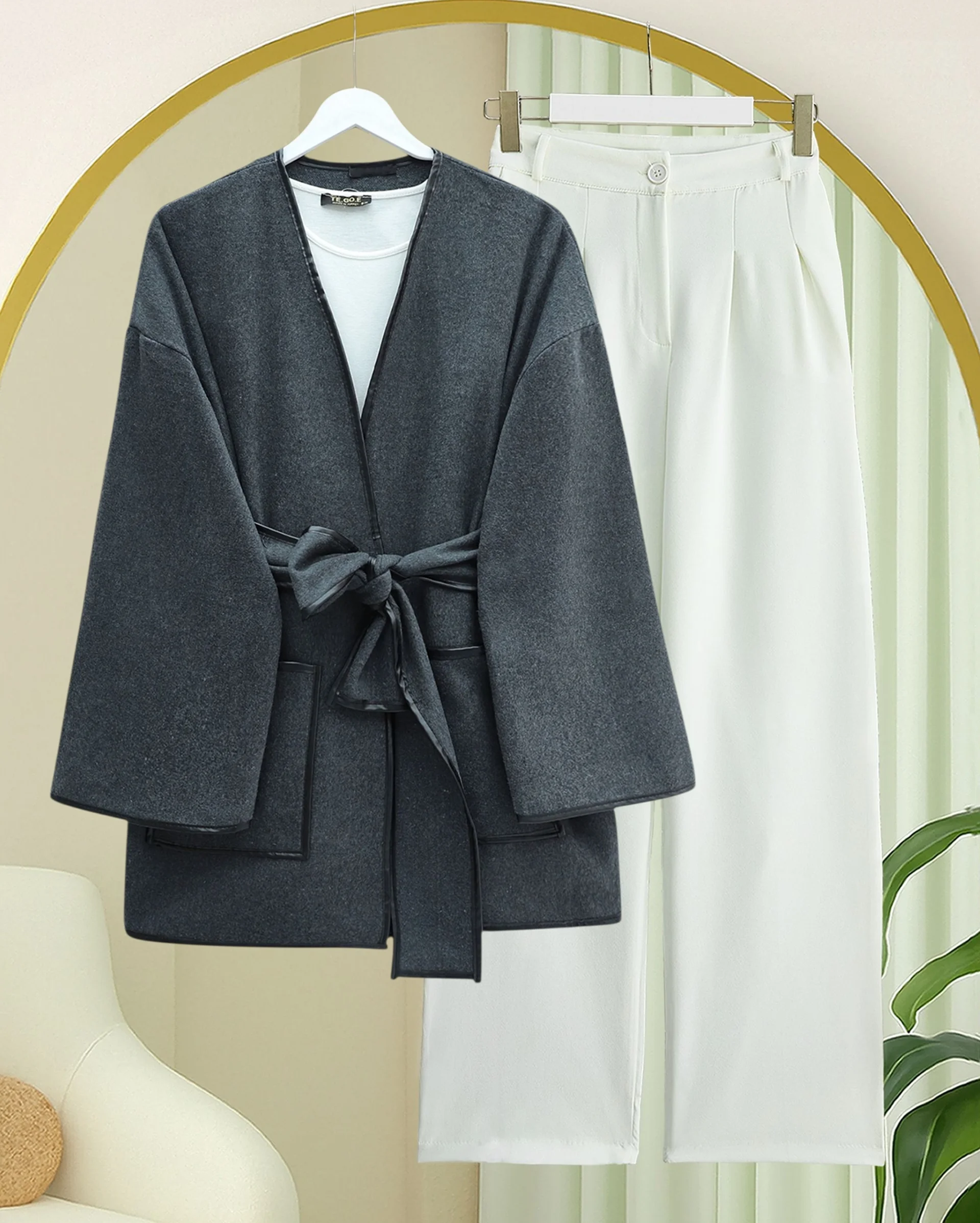 Piped Trim Double Pocket Belted Cashmere Kimono - Smoke Grey - Podyumplus - by Peralane - photo 3
