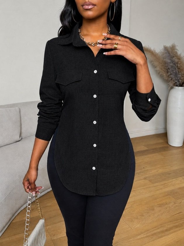 Women's Long Sleeve Collared Button-Front Shirt with Side Slits - Black - Janes - by Peralane - photo 2
