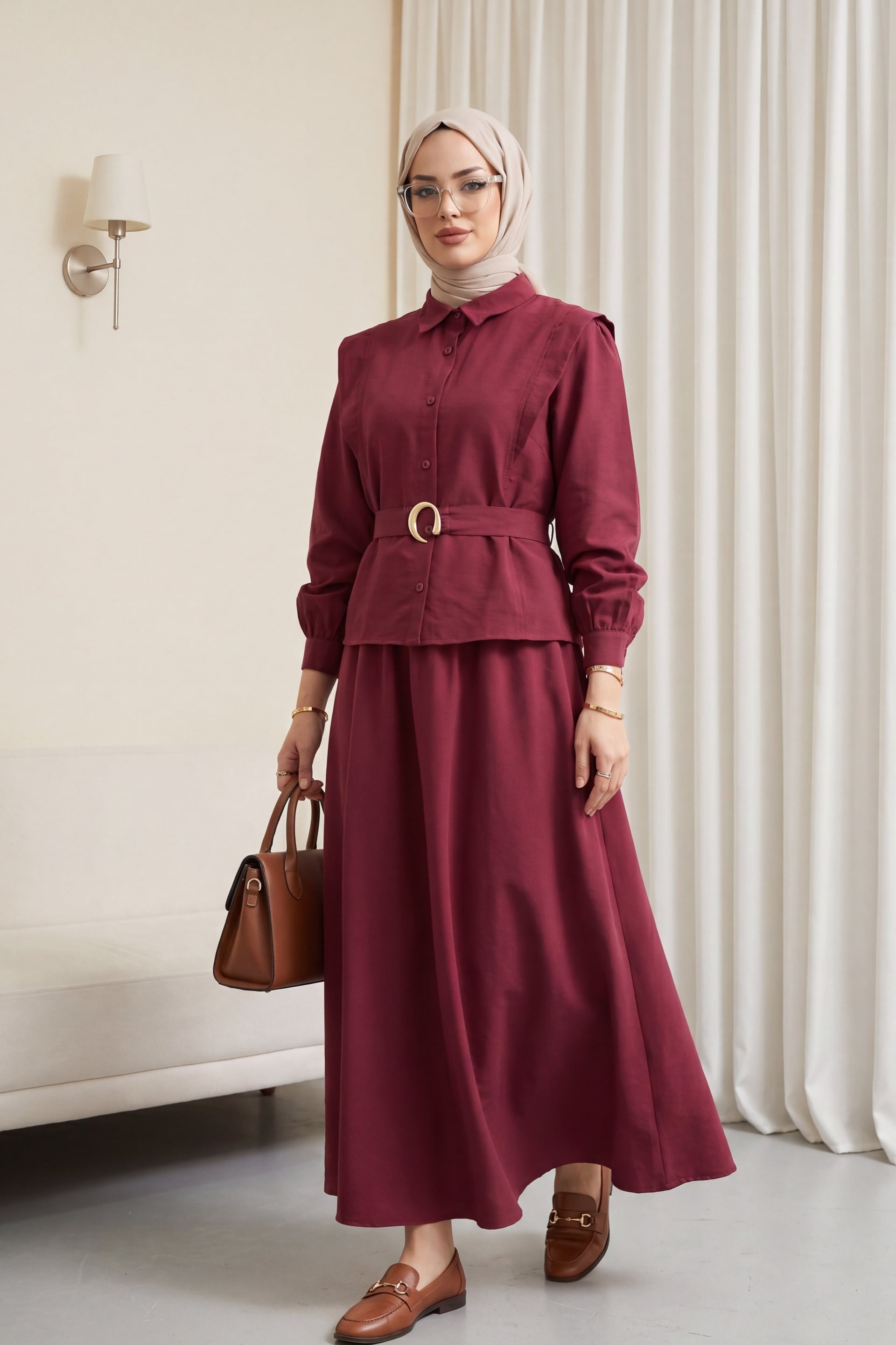 Shoulder-Padded Belted Modal Two-Piece Set with Elastic Waist Skirt - Burgundy - Podyumplus - by Peralane