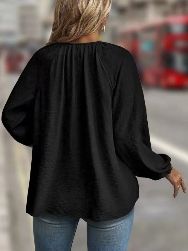 Women's Long Sleeve V-Neck Tie-Front Blouse in Black - Janes - by Peralane - photo 3