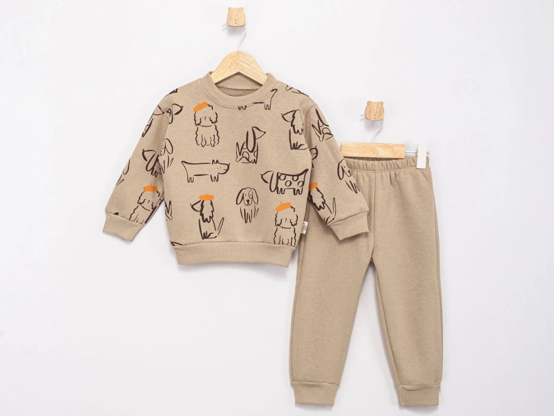 Beige Dog Print Sweatshirt and Trousers Set for Kids - Feely Kids - by Peralane