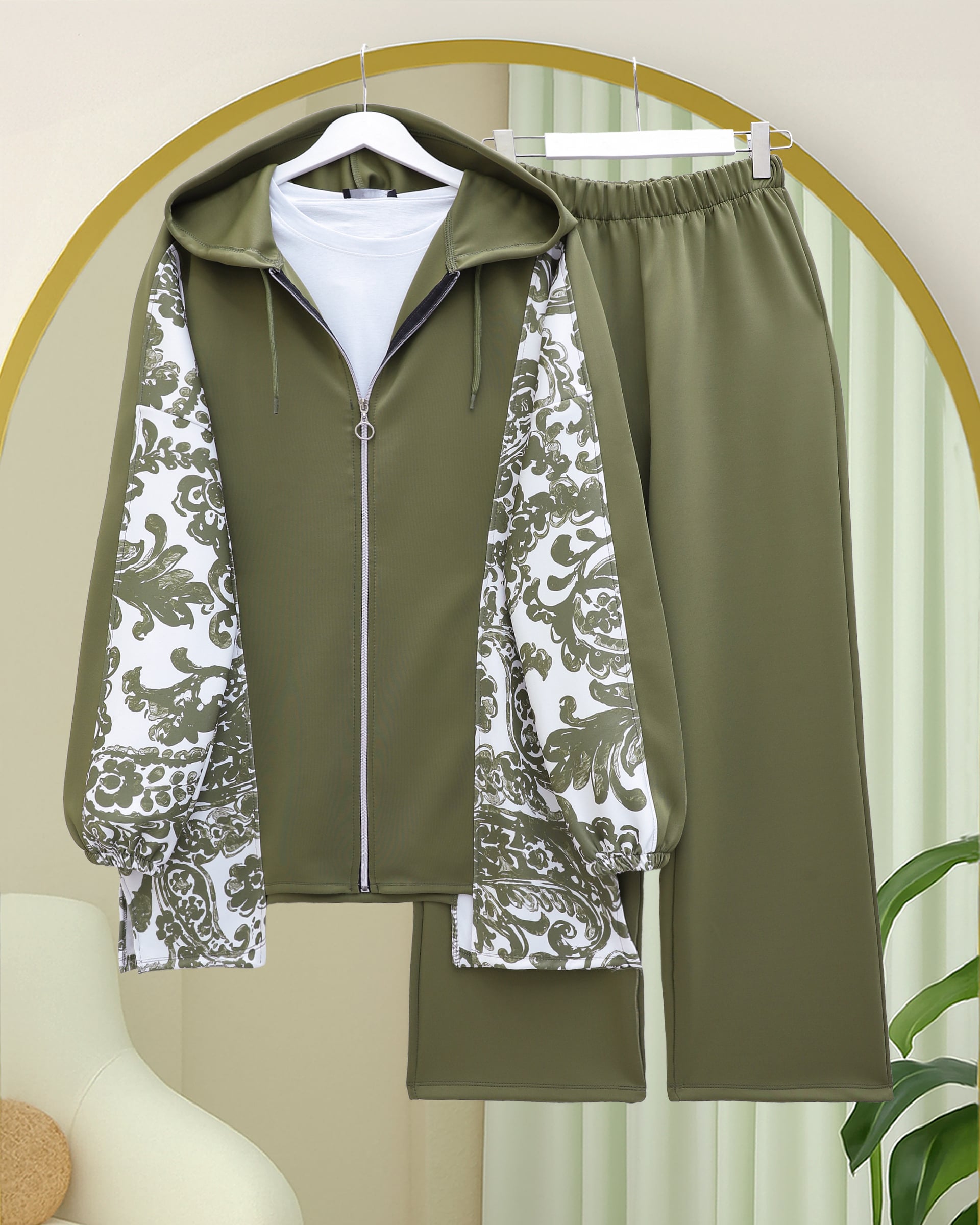 Zip Hooded Patterned Scuba Co-ord Set - Olive Green - Podyumplus - by Peralane - photo 2