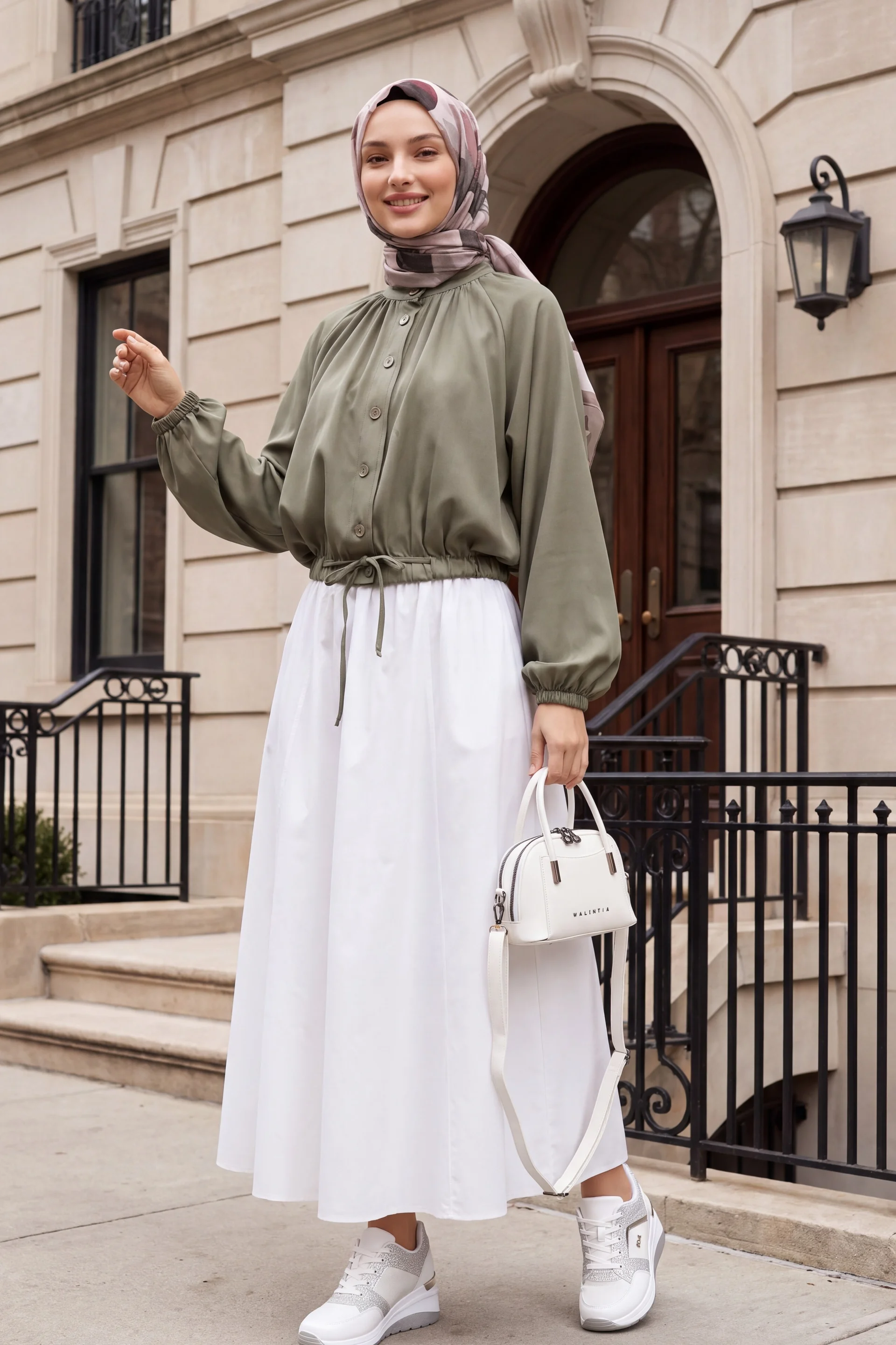 Hakim Collar Buttoned Diagonal Blouse with Elasticated Waist and Sleeves - Khaki Green - Podyumplus - by Peralane - photo 3