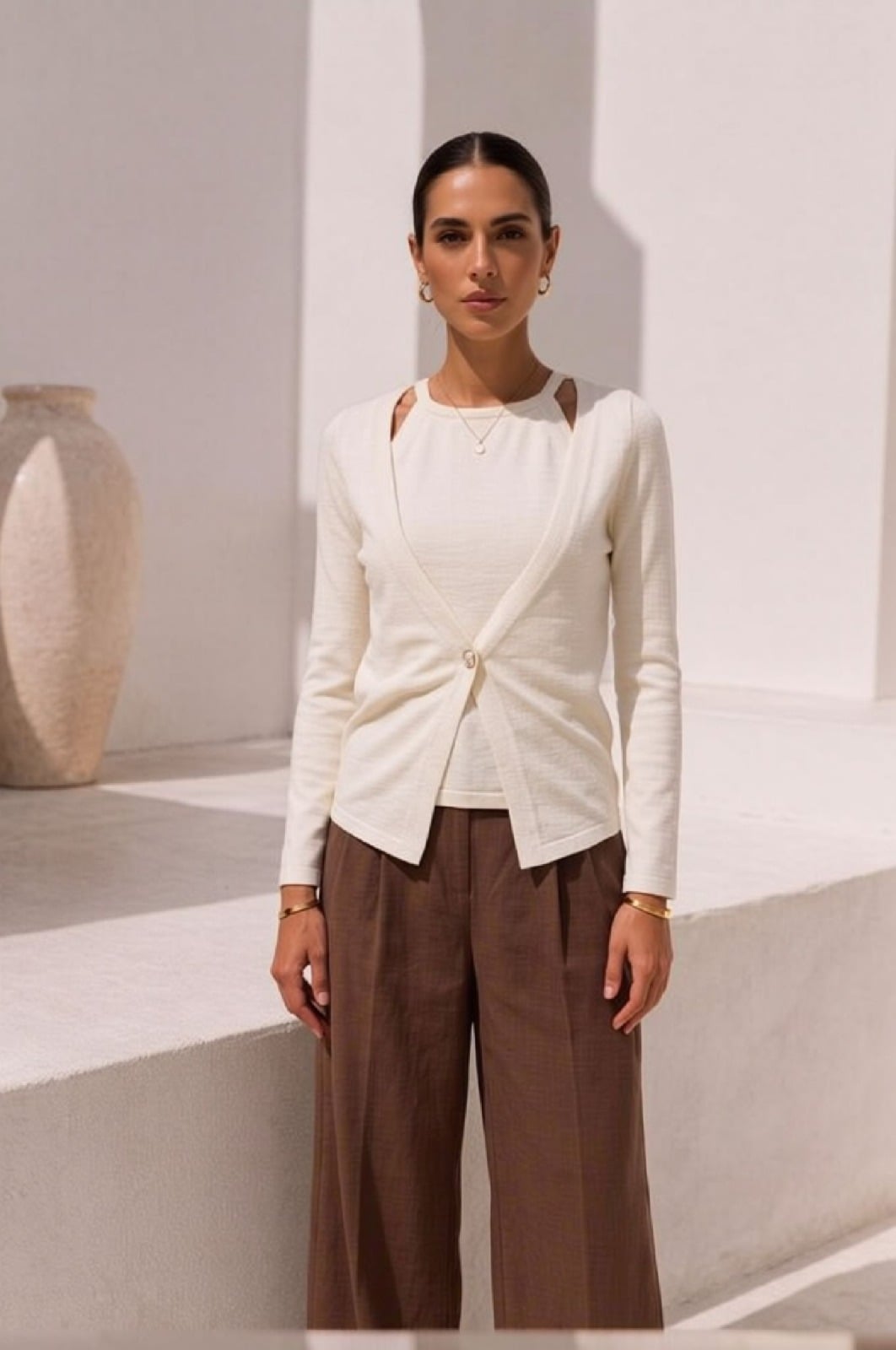 Cream Textured Knit Cardigan with V-Neck and Wrap Front - My Bee - by Peralane