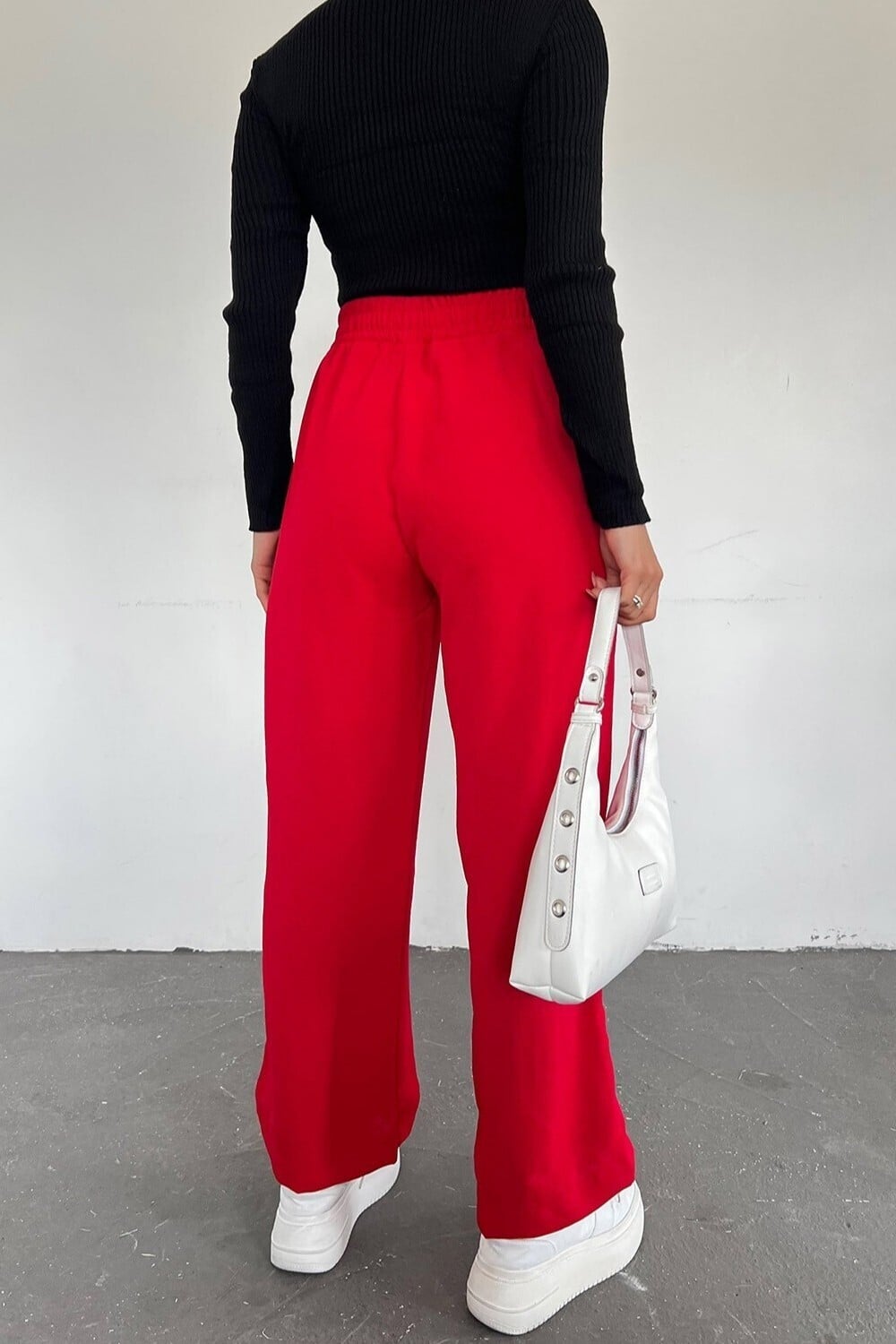 Women's Red Elasticated Waist Drawstring Wide-Leg Trousers - Podyumplus - by Peralane - photo 3