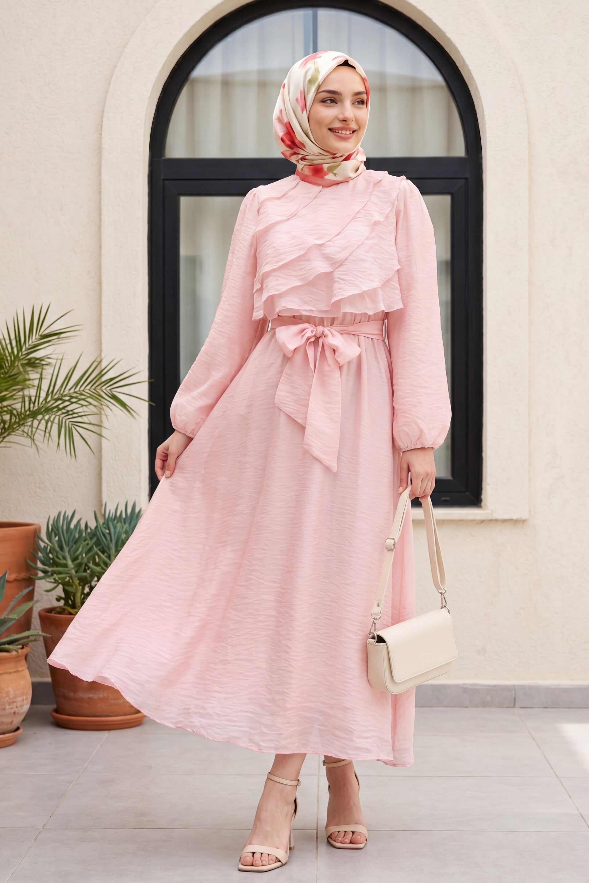 Powder Pink Ruffled Balloon Sleeve Lined Chiffon Dress with Elastic Belt - Podyumplus - by Peralane