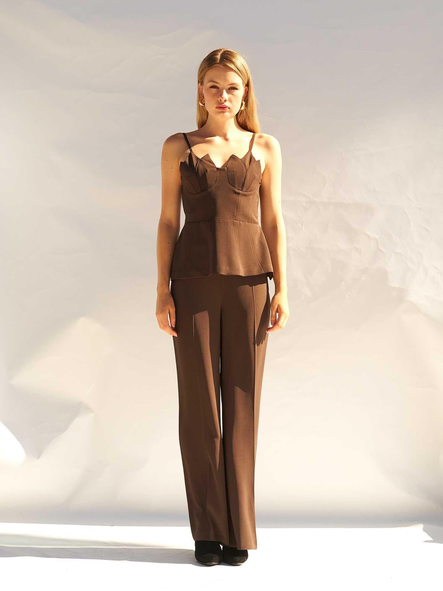Petal Neckline Bustier Top and Trousers Co-ord Set in Brown - Lefon - by Peralane - photo 2