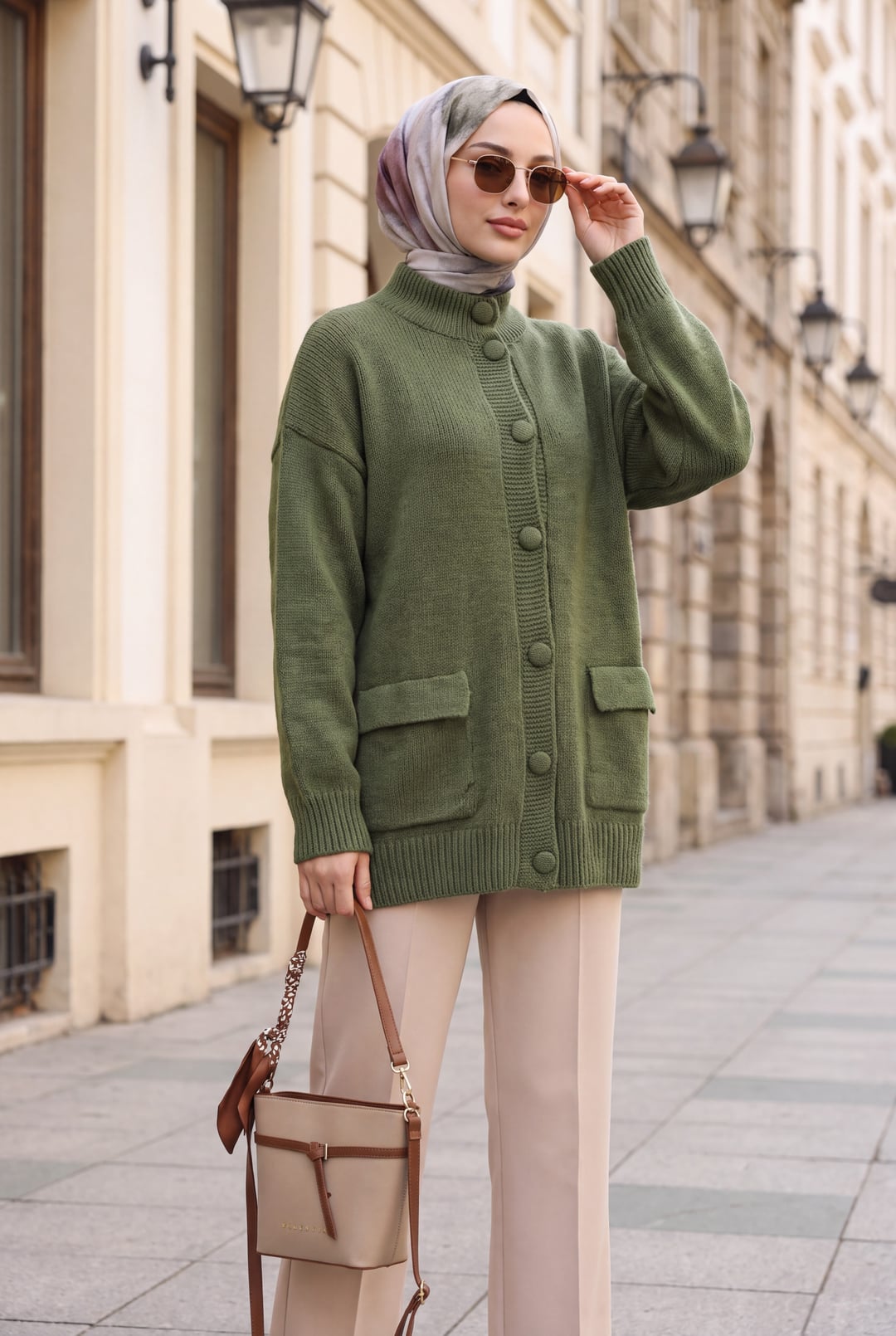 Half-Zip Buttoned Oversized Knit Cardigan with Pockets - Olive Green - Podyumplus - by Peralane