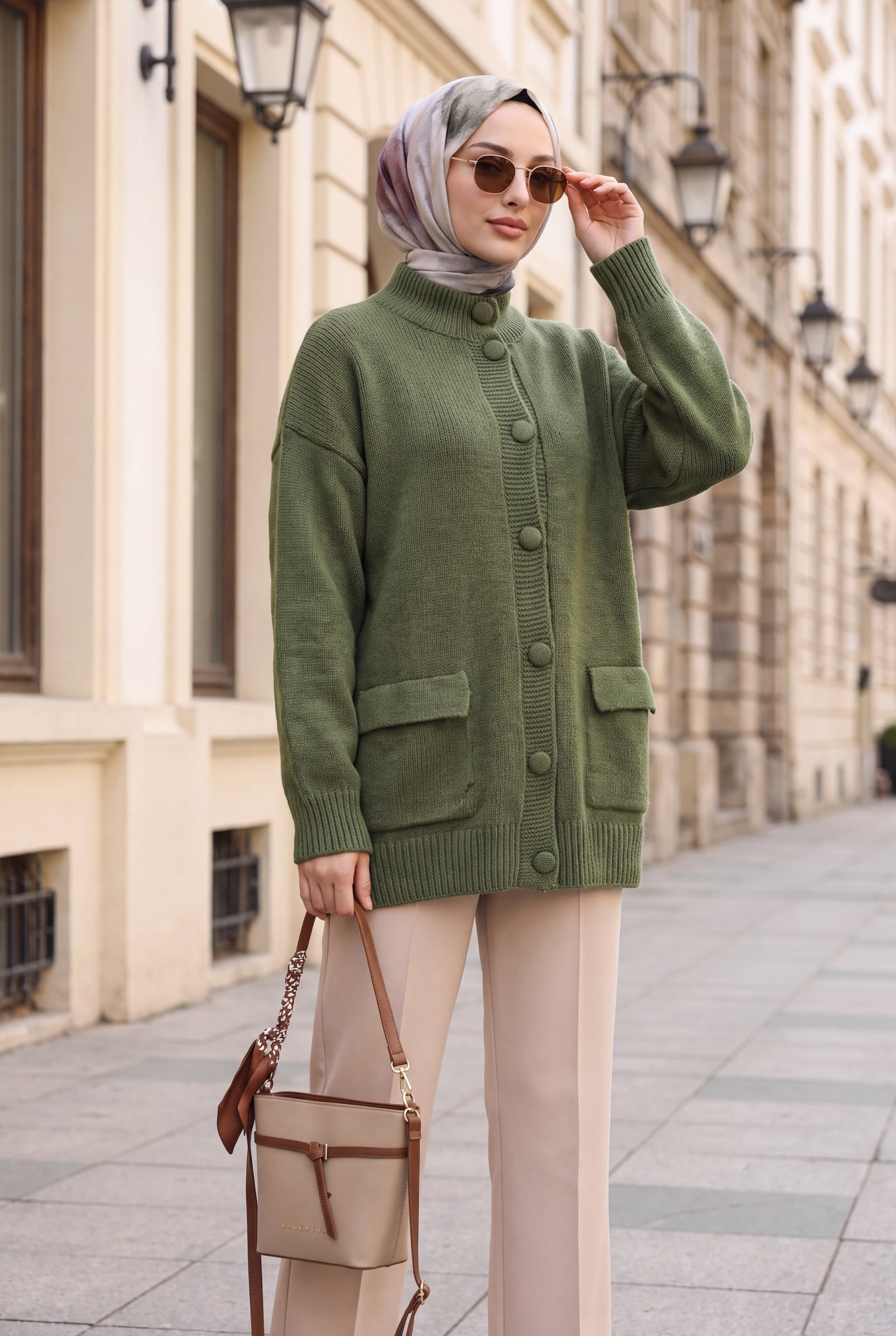Half-Zip Buttoned Oversized Knit Cardigan with Pockets - Olive Green - Podyumplus - by Peralane