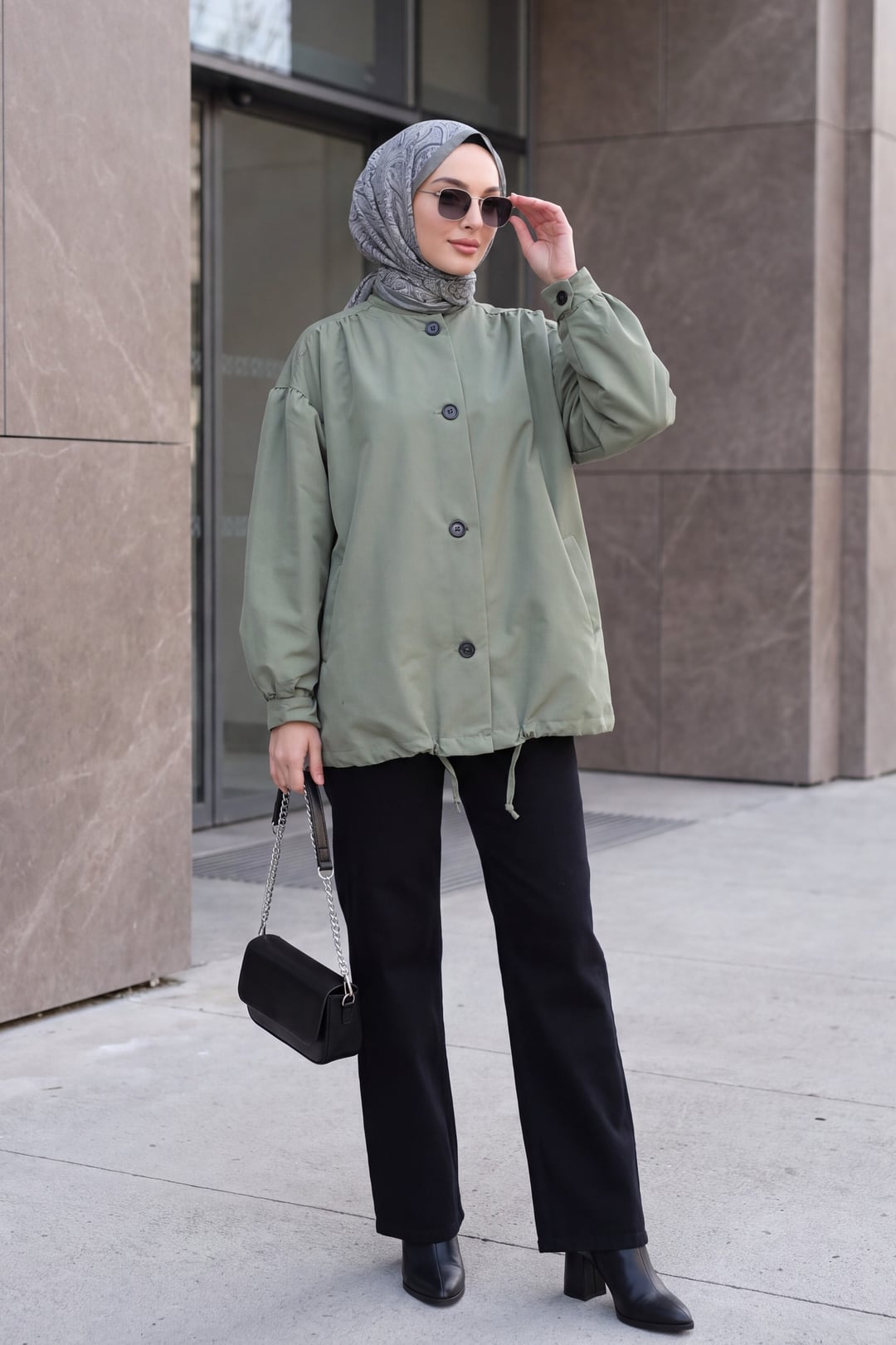 Balloon Sleeve Double Pocket Lined Button-Front Trench Coat - Sage Green - Podyumplus - by Peralane - photo 3