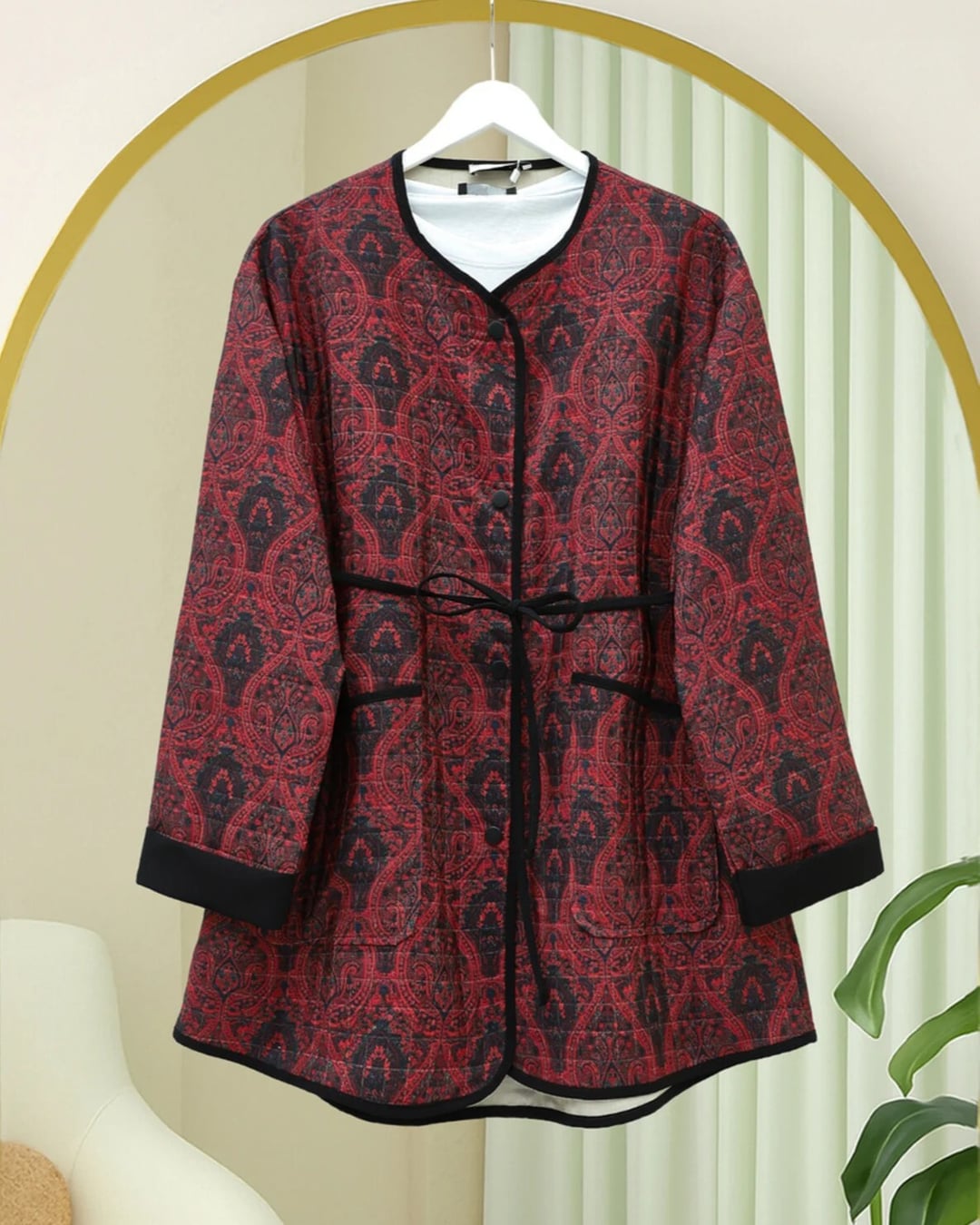 Ethnic Print Tie-Belt Jacket with Folded Cuffs - Bordeaux - Podyumplus - by Peralane - photo 2