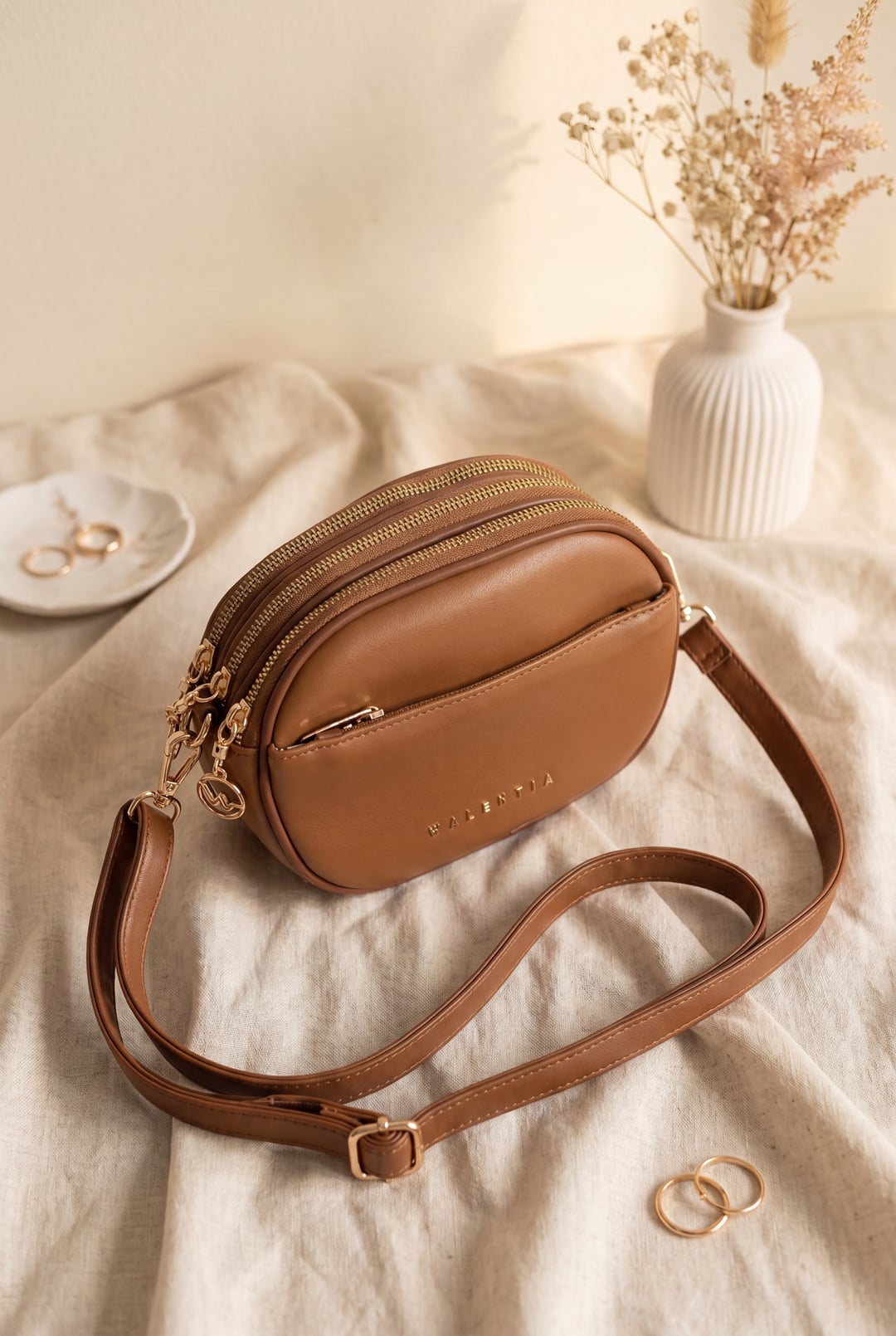 Multi-Compartment Long Strap Crossbody Bag - Tan - Podyumplus - by Peralane