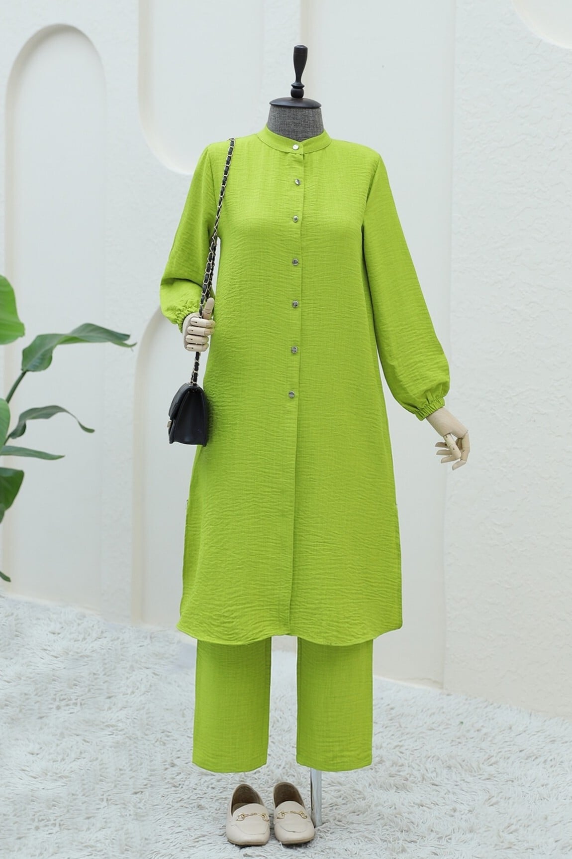 Metal Button Long Sleeve Tunic and Trousers Co-ord Set - Pistachio Green - Podyumplus - by Peralane