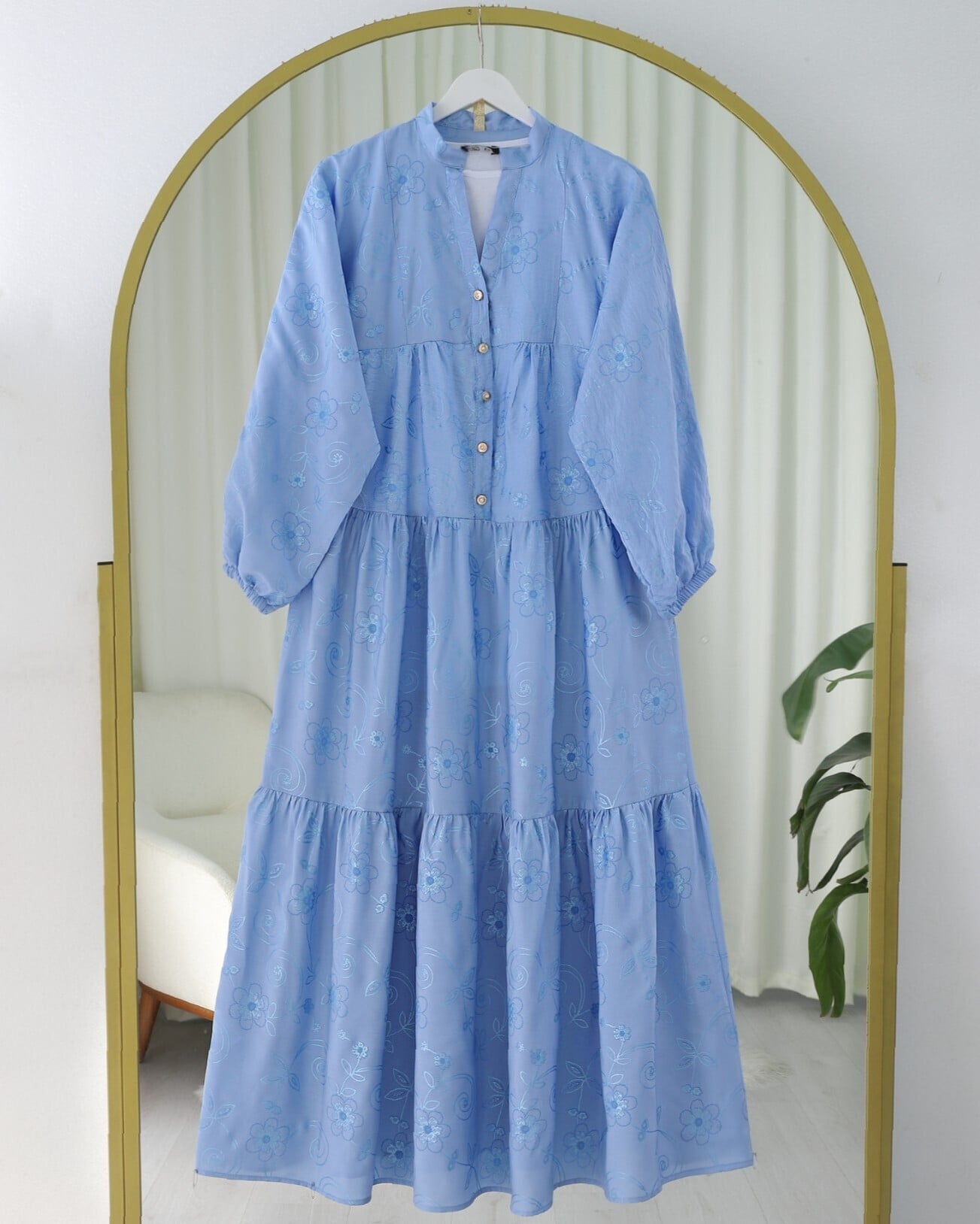 Light Blue Embroidered Floral Midi Dress with Tiered Skirt - Podyumplus - by Peralane - photo 6