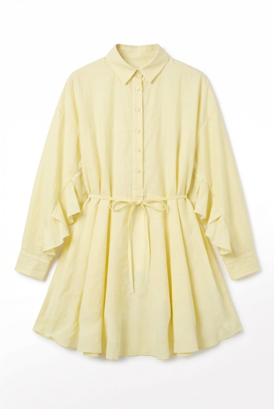 Buttoned Belted Batwing Sleeve Ruffle Oversize Modal Tunic - Yellow - Podyumplus - by Peralane - photo 4