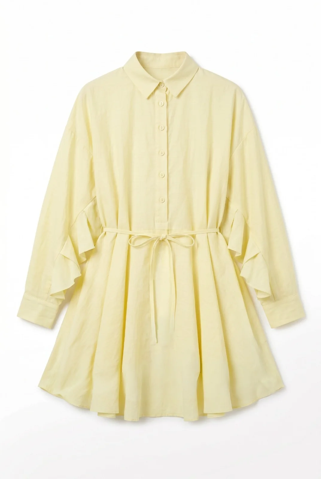 Buttoned Belted Batwing Sleeve Ruffle Oversize Modal Tunic - Yellow - Podyumplus - by Peralane - photo 4
