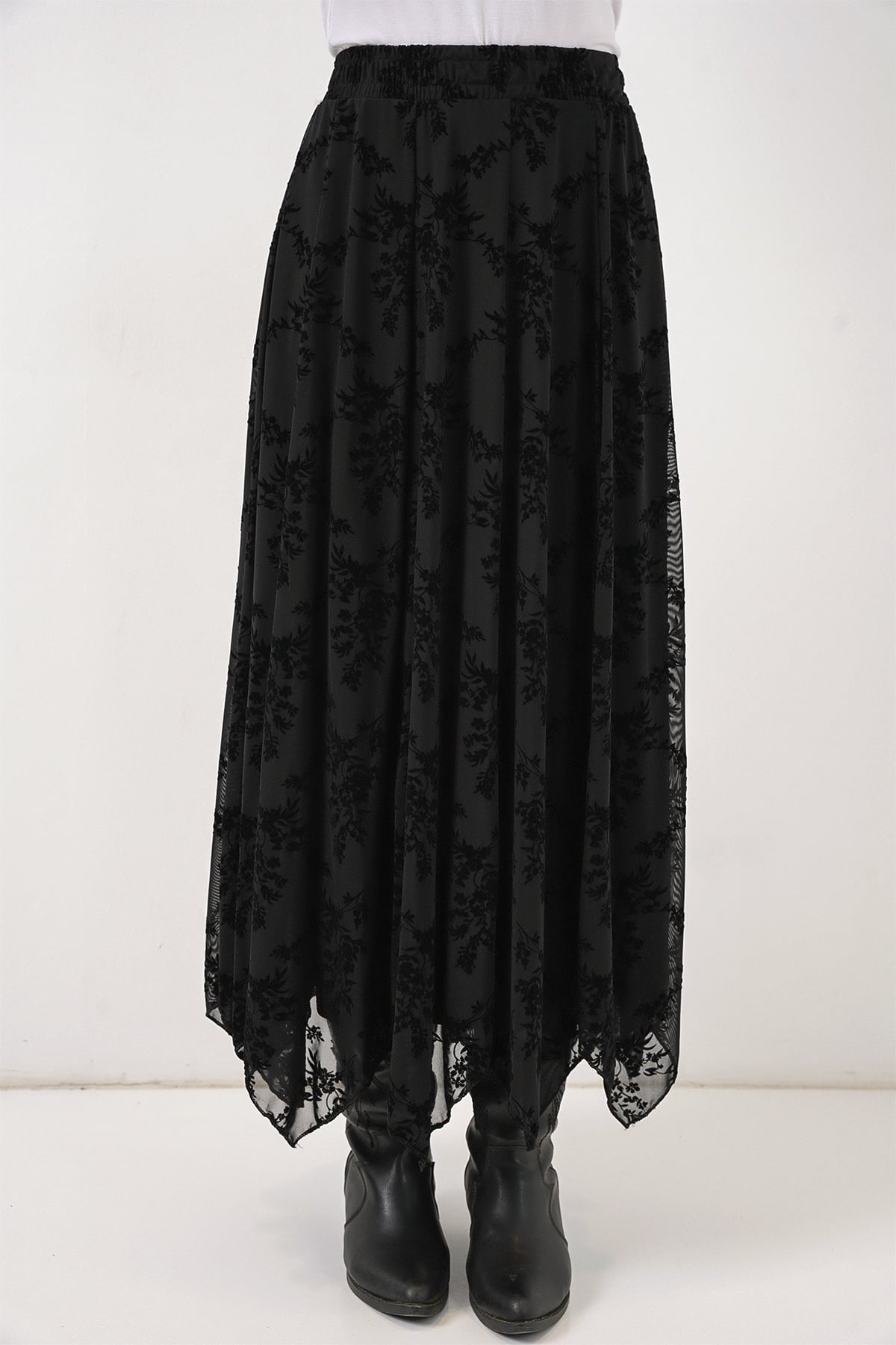 Women's Black Flocked Floral Lined Asymmetric Skirt 8059 - Bigdart - by Peralane