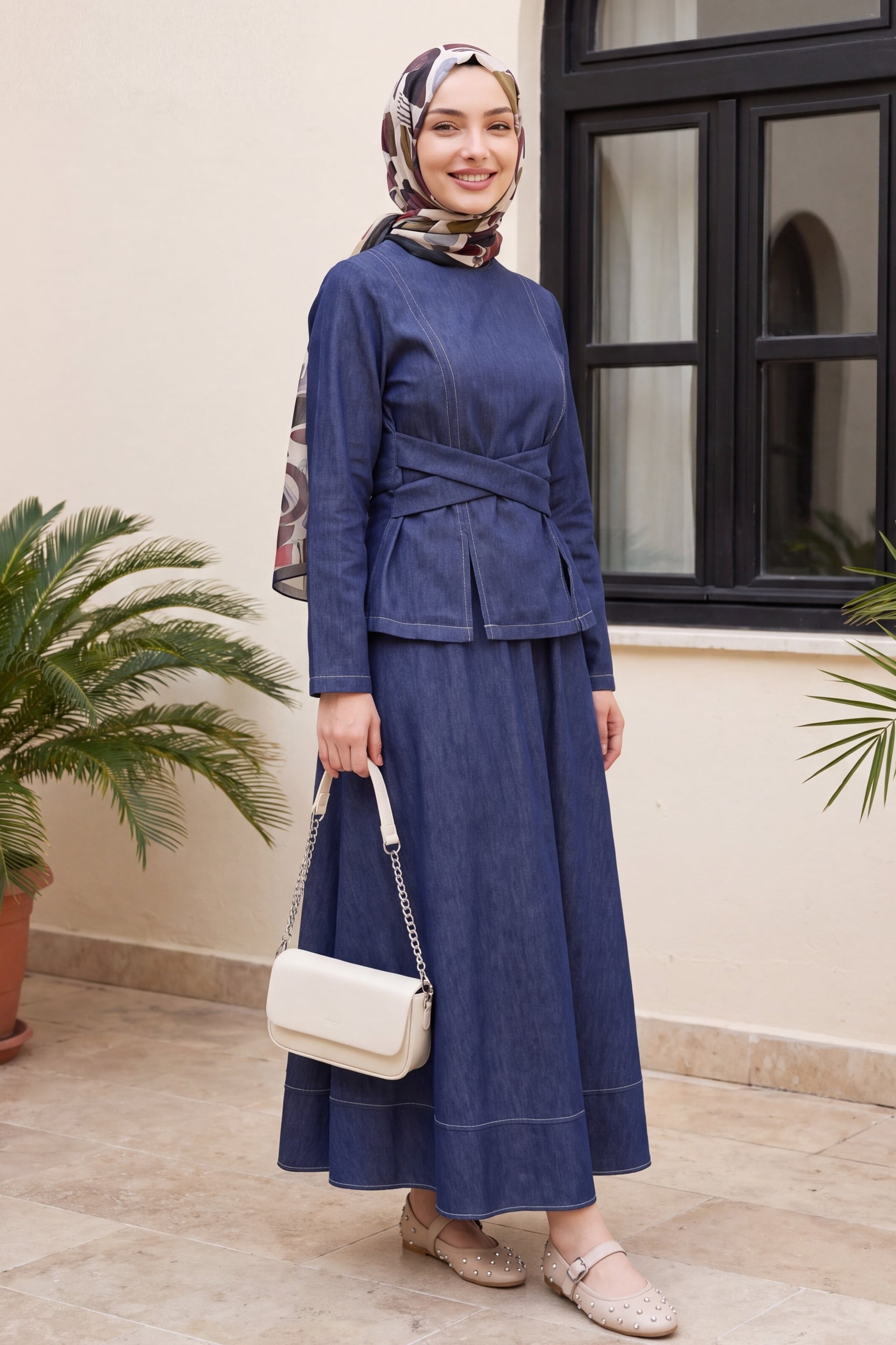 Round Neck Cross-Tie Belted Denim Co-ord Set with Maxi Skirt - Navy - Podyumplus - by Peralane - photo 3