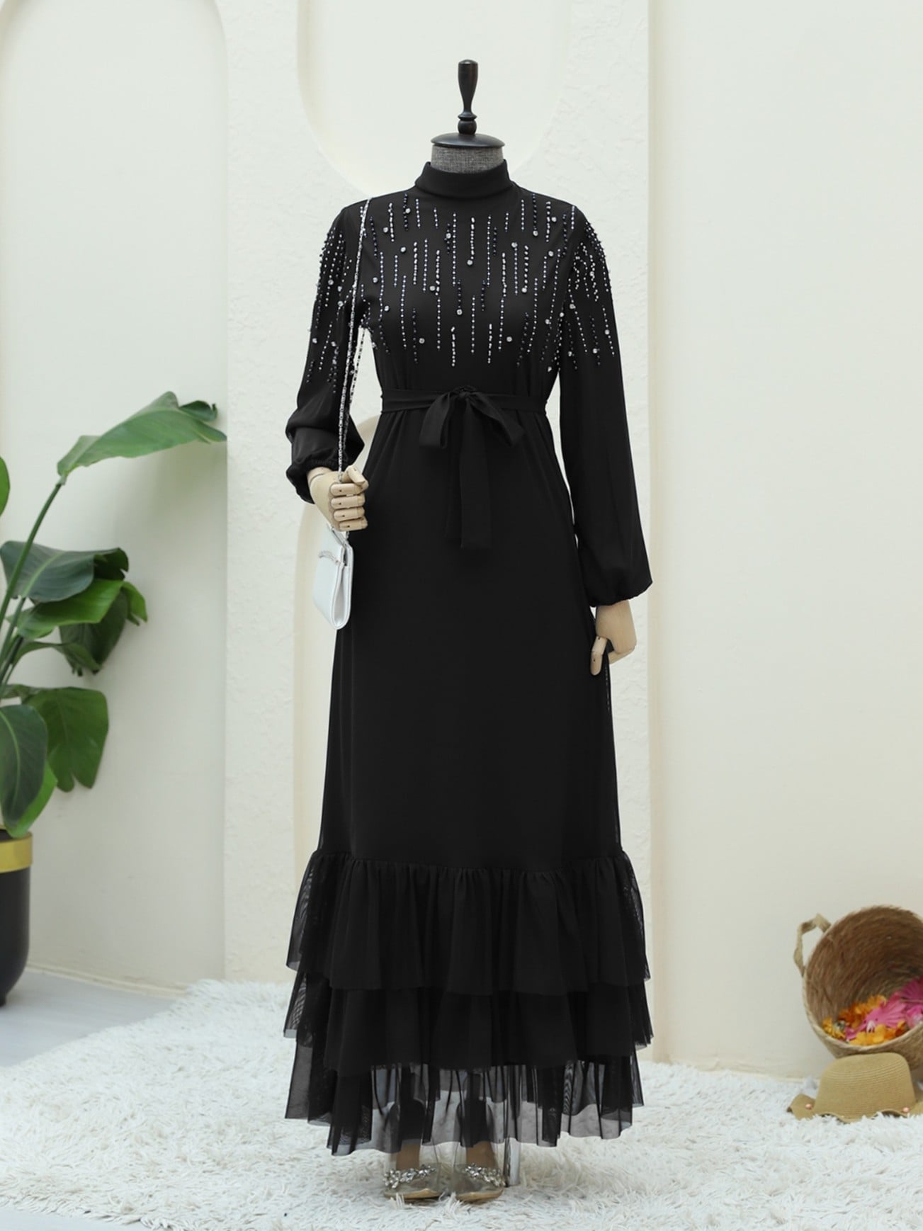 Black Beaded Long-Sleeve Chiffon Dress with Belt - Podyumplus - by Peralane - photo 2