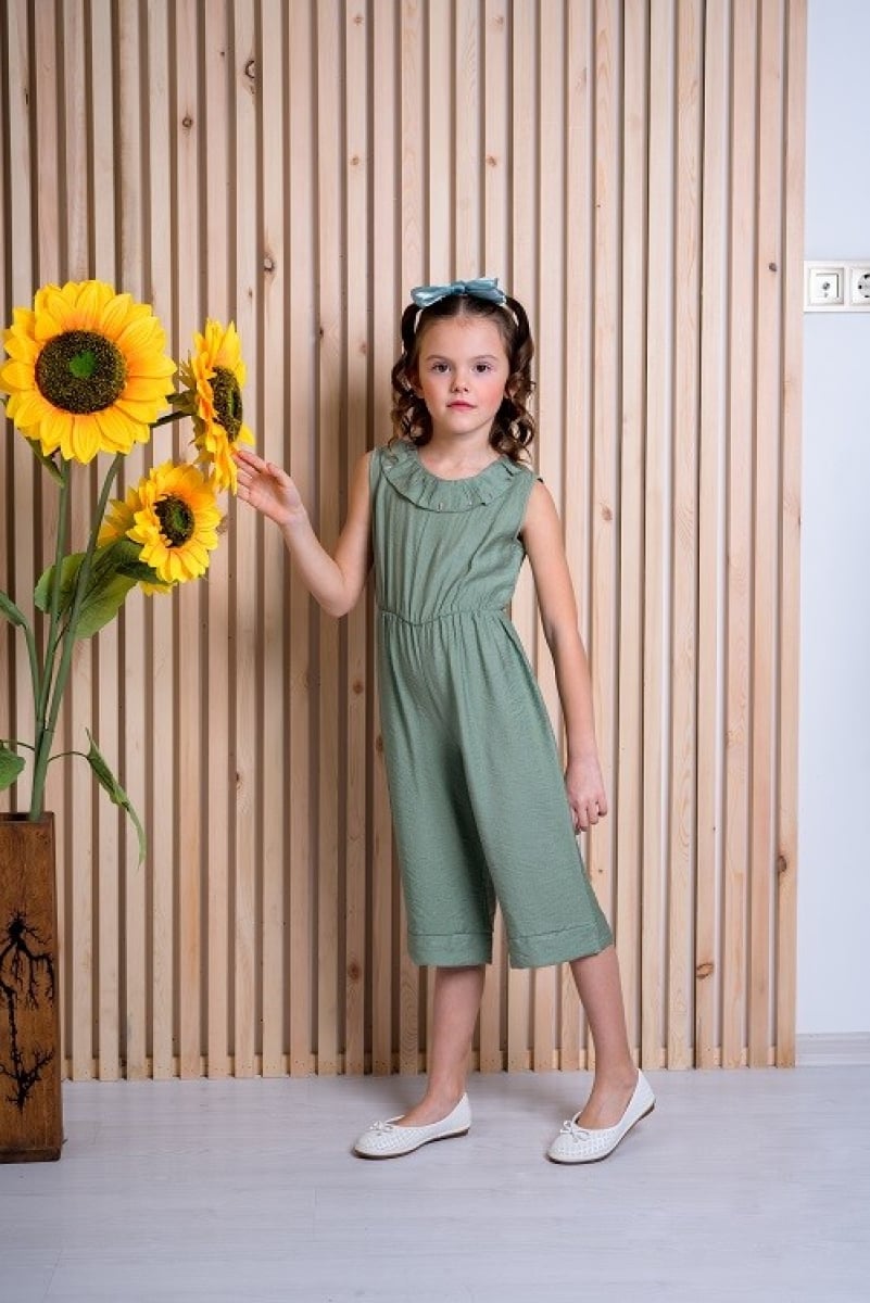 Girl's Sleeveless Romper with Ruffled Neckline - Sage Green - Pack of 4 - Busra Bebe - by Peralane