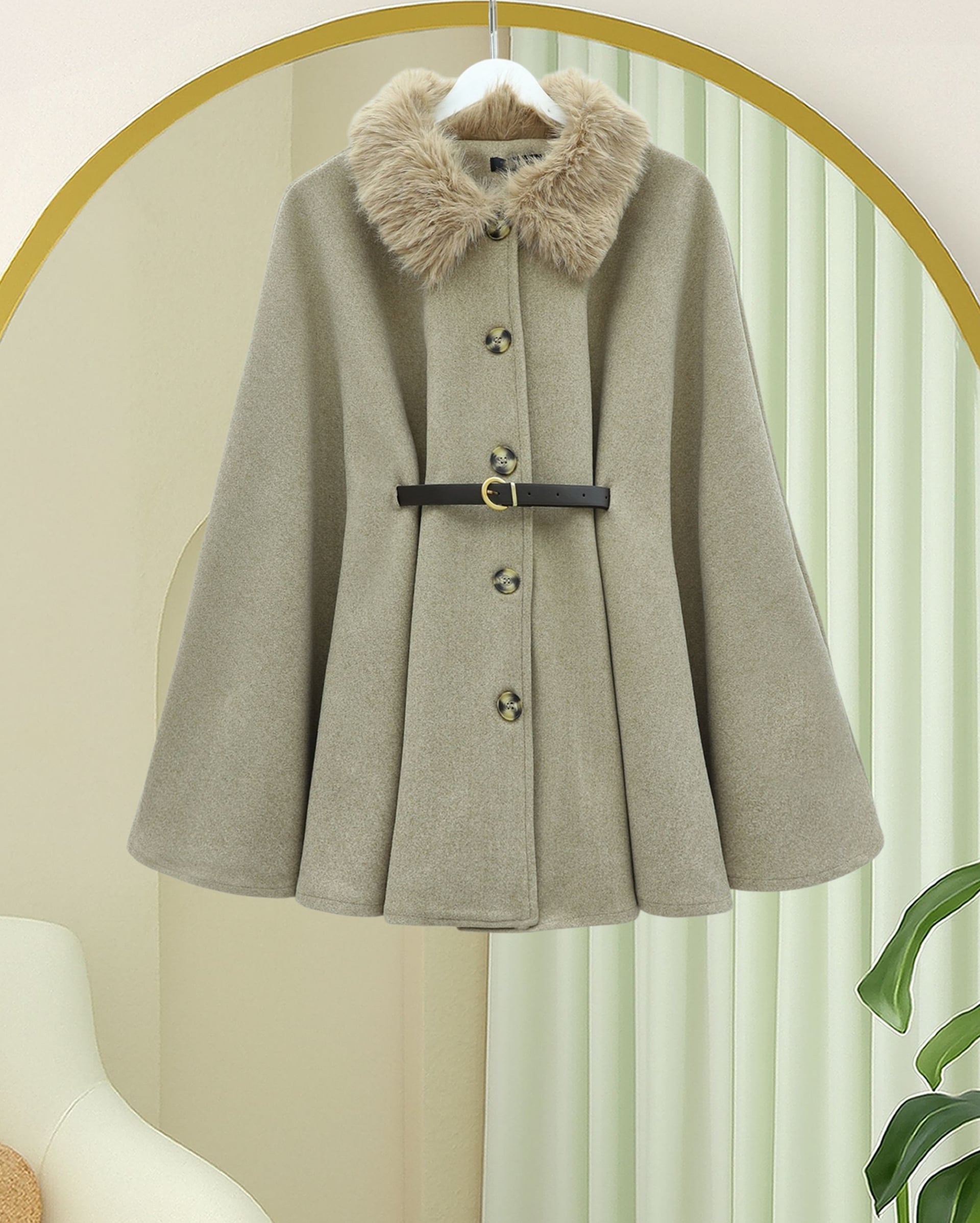 Faux Fur Collar Belted Cape Coat - Light Beige - Podyumplus - by Peralane