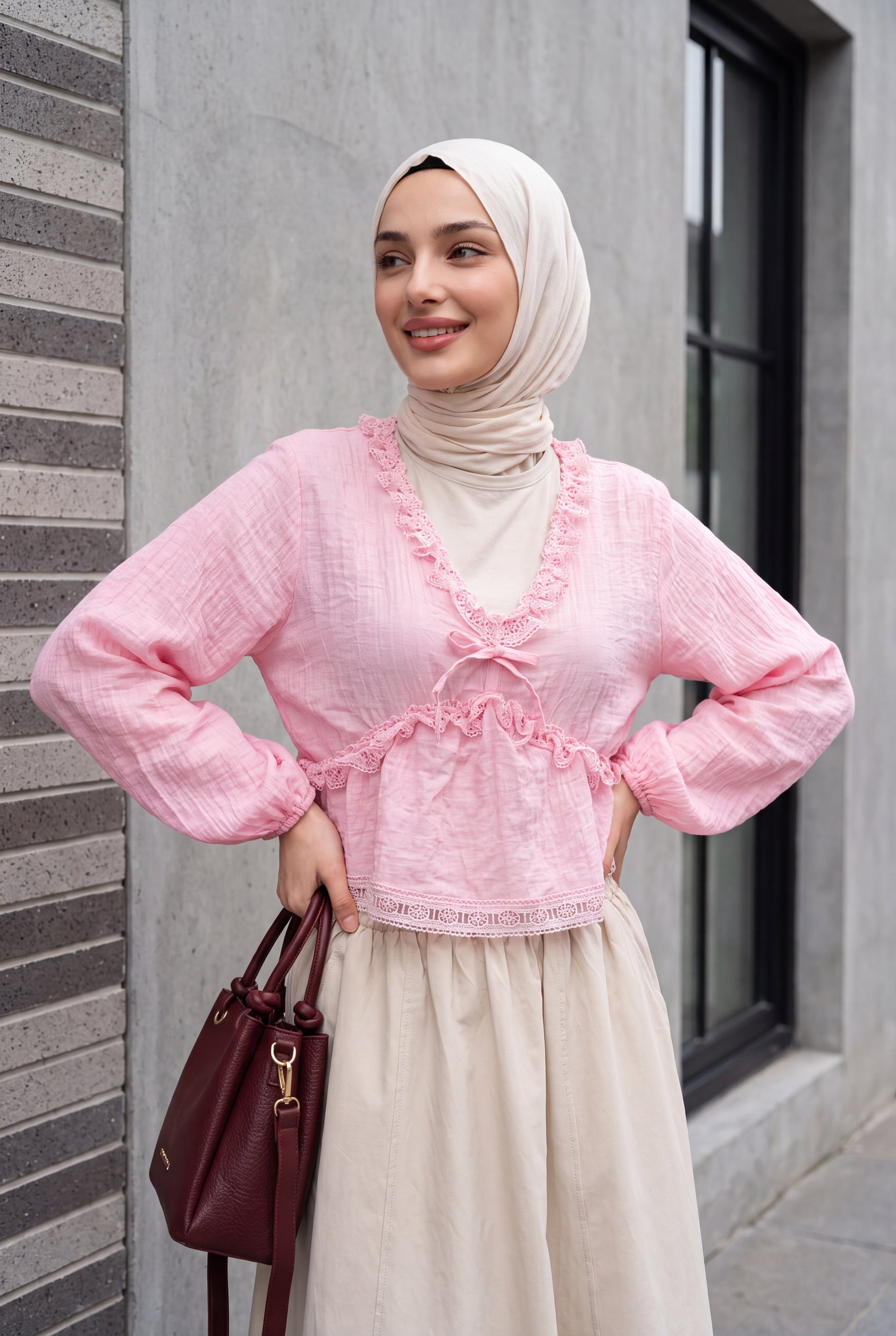 Pink Balloon Sleeve Lace Detail Ruched Viscose Blouse - Podyumplus - by Peralane - photo 3