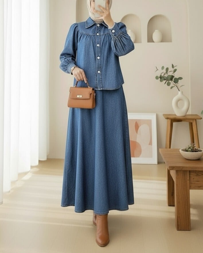 Women's Belted Button-Front Denim Skirt Suit - Indigo - Podyumplus - by Peralane - photo 3