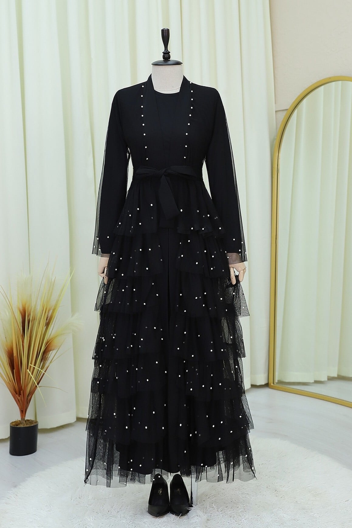 Layered Pearl-Embellished Tulle Abaya Set - Black - Podyumplus - by Peralane - photo 4