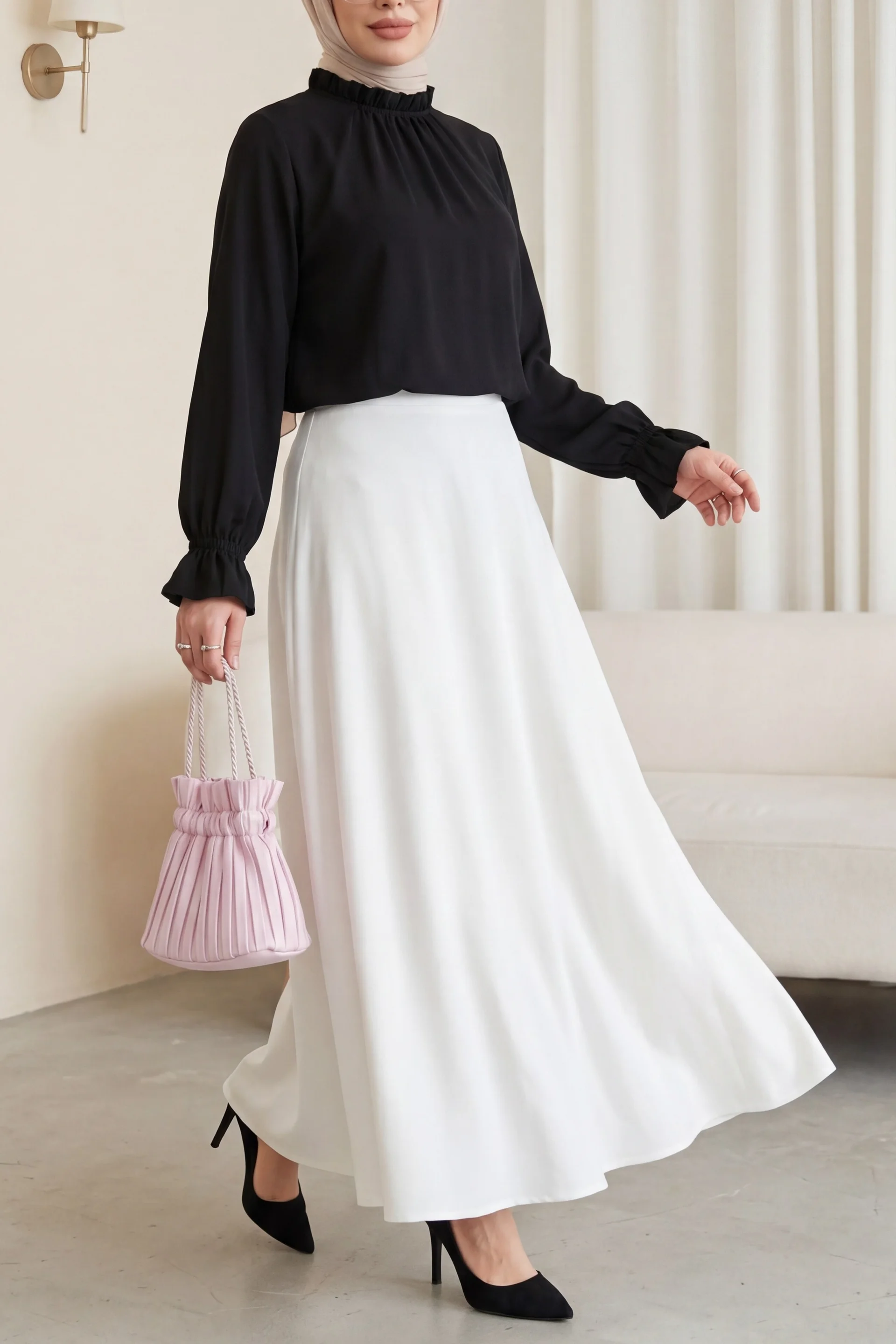 Black Ruffled Neck Poplin Blouse with Long Puffed Sleeves - Podyumplus - by Peralane - photo 3