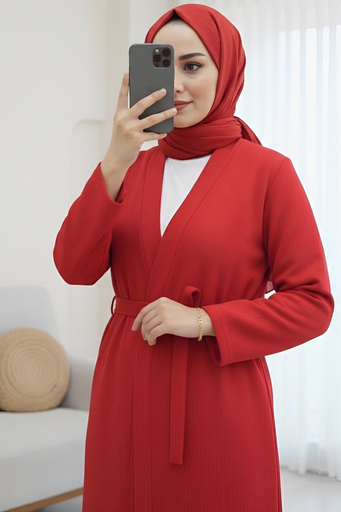 Red Double-Belted Long Abaya Coat - Podyumplus - by Peralane - photo 3