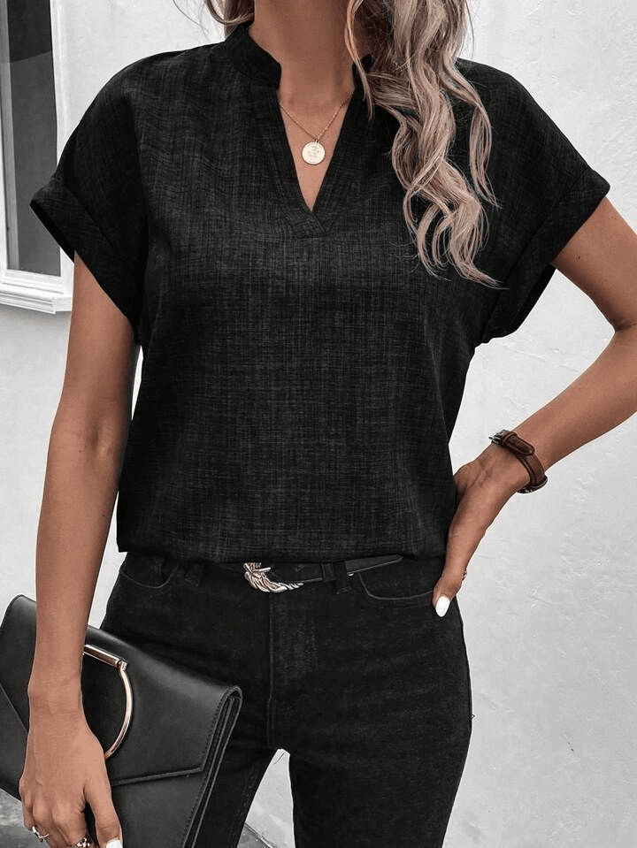 Women's Sofya Blouse with Short Cuffed Sleeves and V-Neckline - Janes - by Peralane